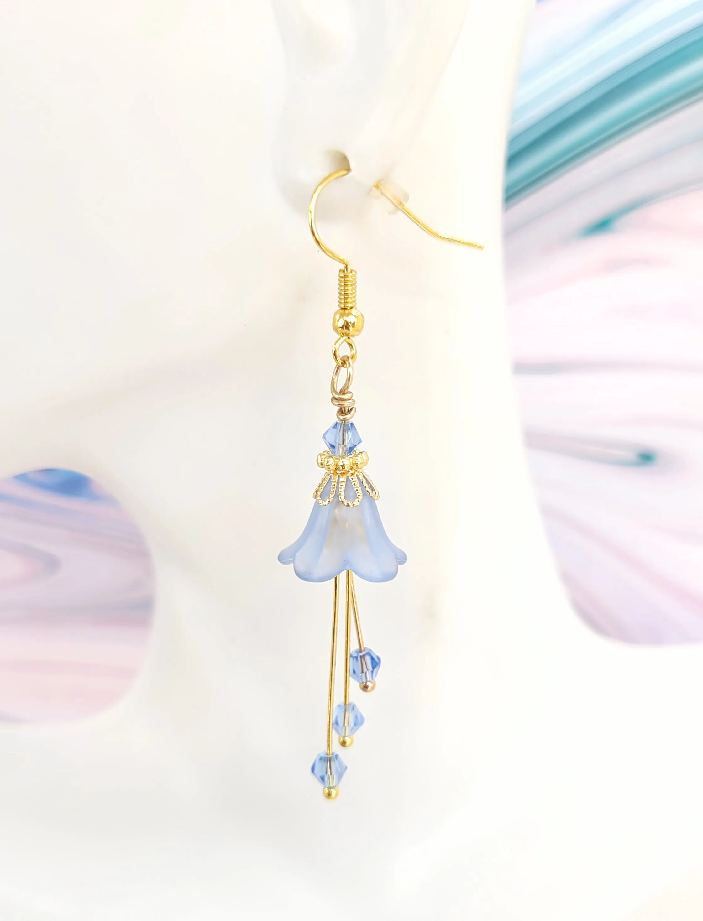 Light Sapphire Powder Blue and Gold Bell Flower Earrings