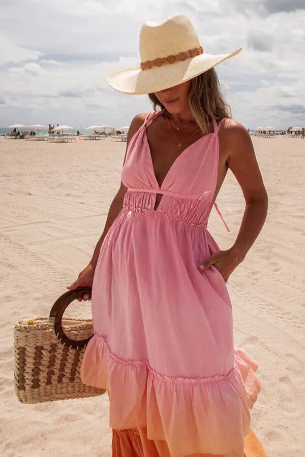 Living for Beach Days Linen Blend Gradient Pocketed Halter Maxi Dress