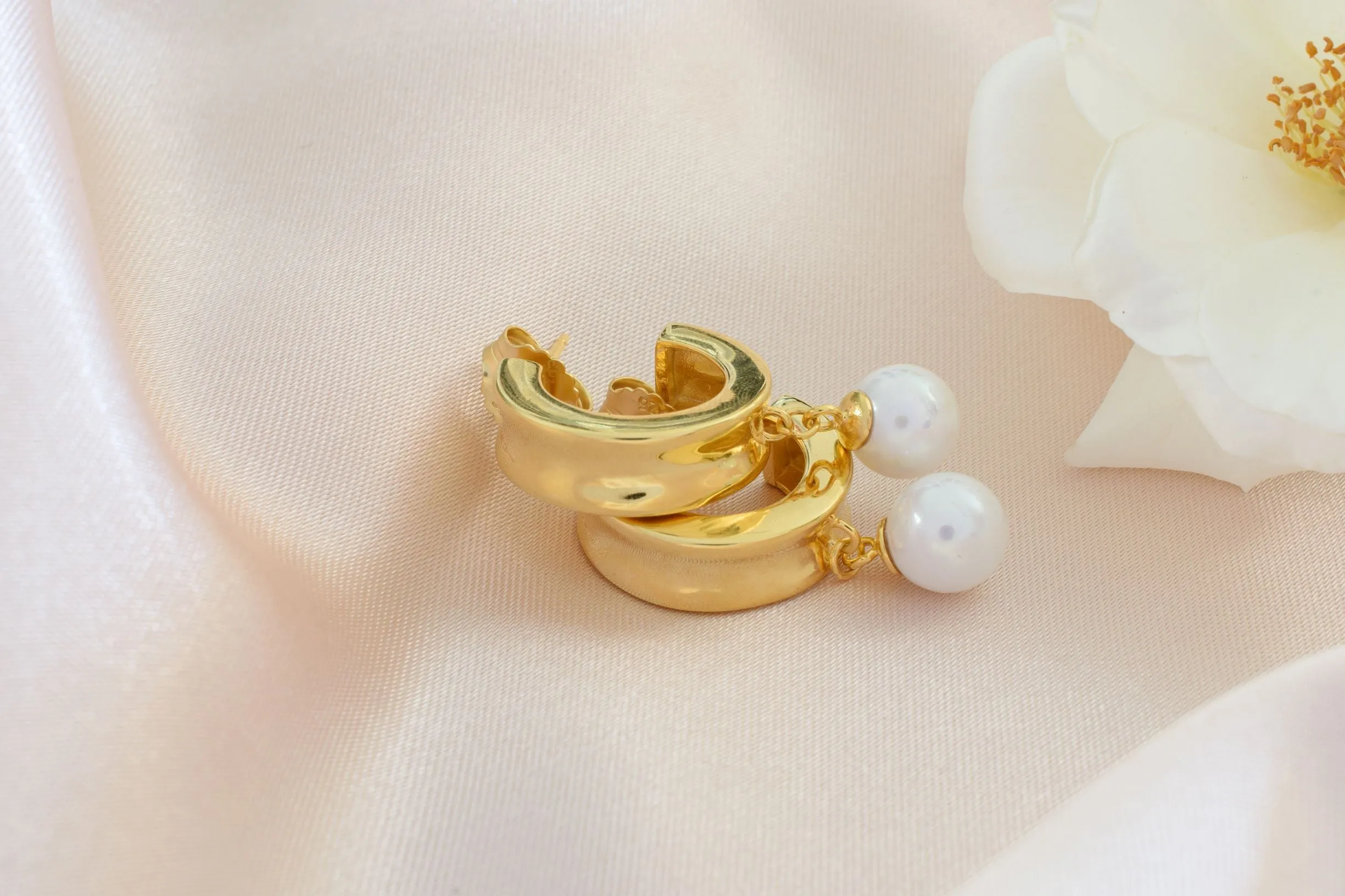 Modern Drop Pearl Hoop Earrings, 18k Gold