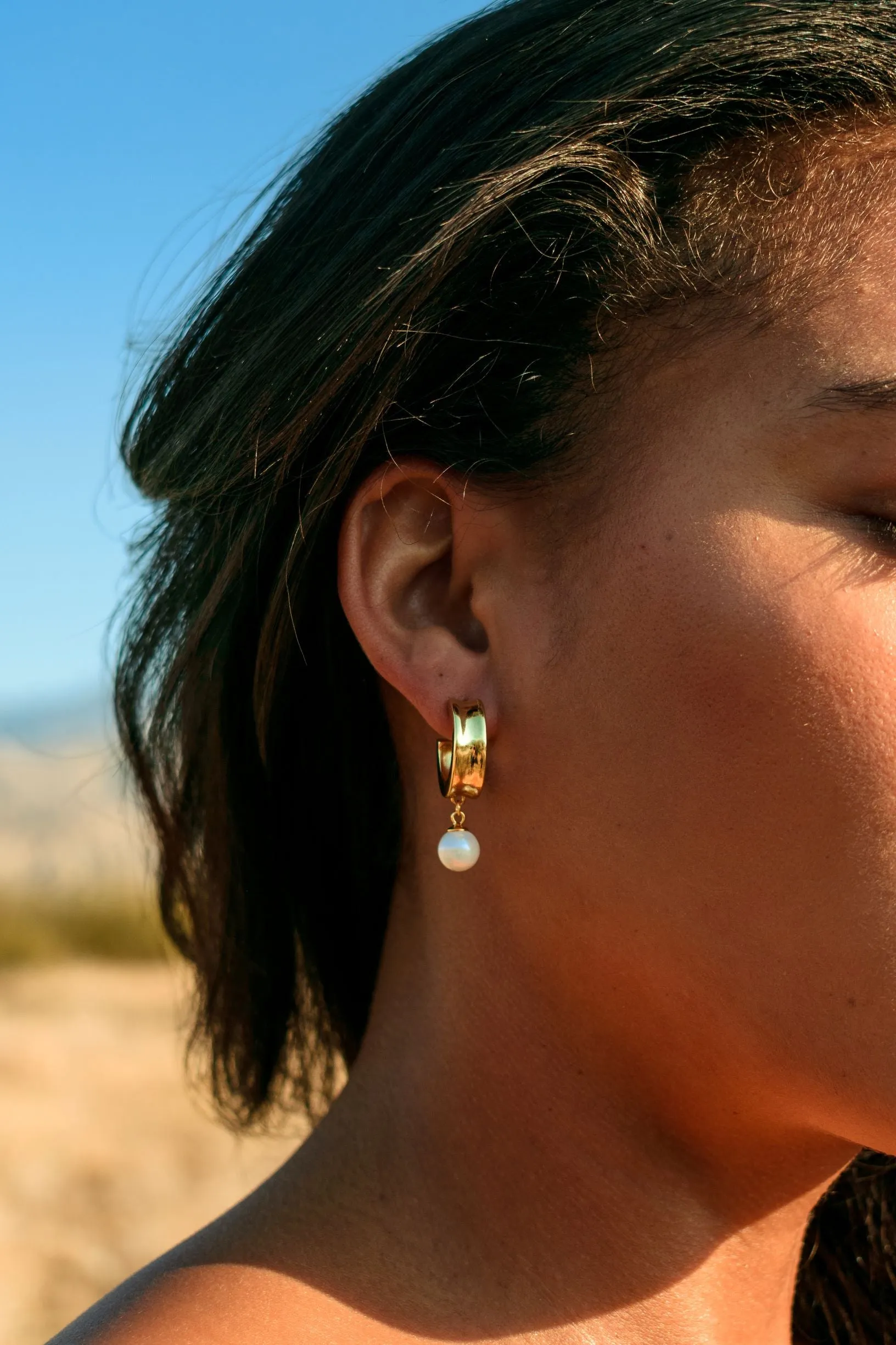 Modern Drop Pearl Hoop Earrings, 18k Gold