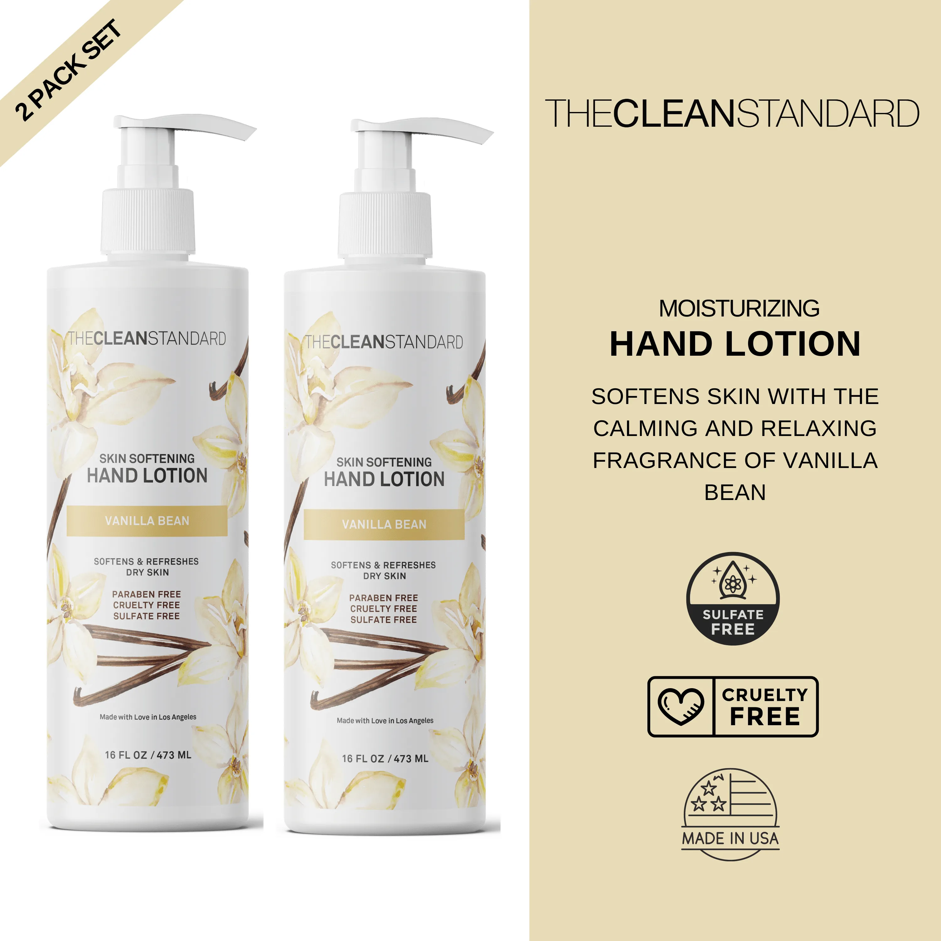 Moisturizing Hand Lotion for Dry Skin and Moisturizer with Shea Butter, Vanilla Extract | Hydrating Non Greasy Hand Cream for Women and Men by THE CLEAN STANDARD | 2 Bottle Set x 16 fl oz with Lotion Pump