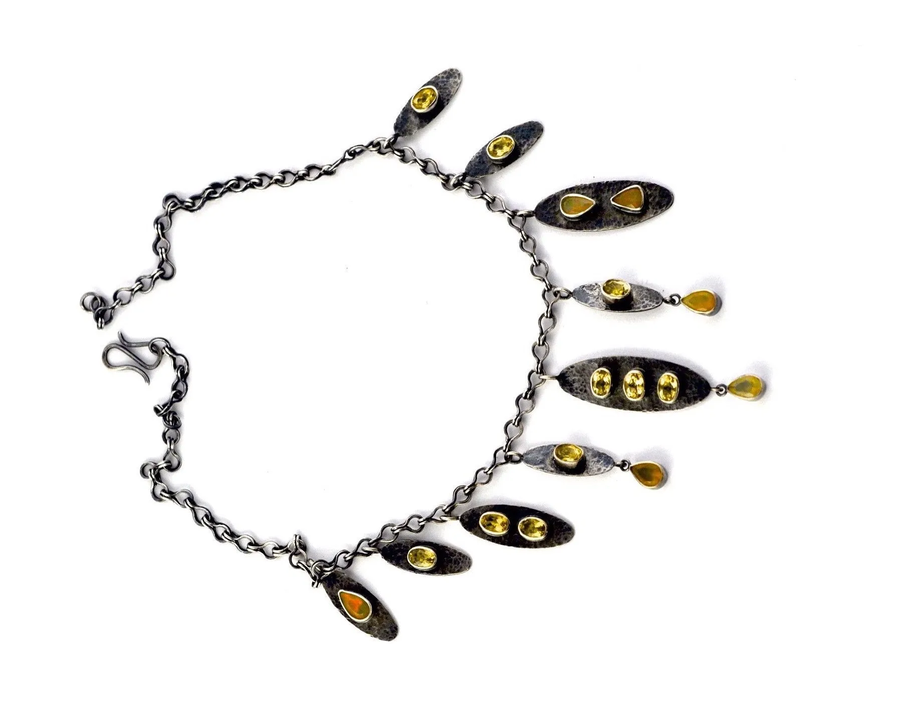 necklace  / silver  oxidized   Opals   Yellow Beryl