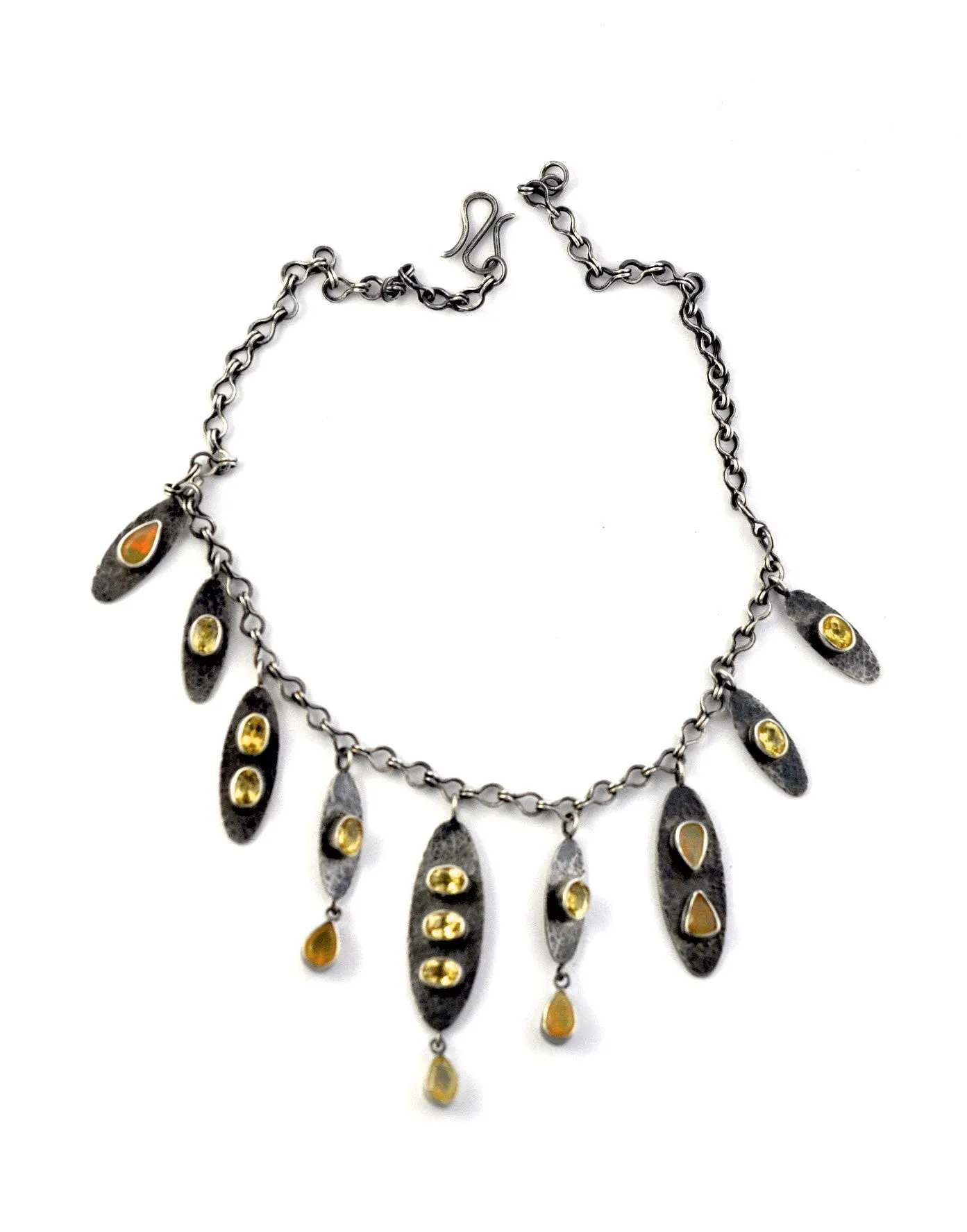 necklace  / silver  oxidized   Opals   Yellow Beryl