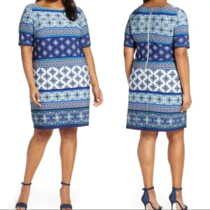 NWT Eliza J Blue Printed Geometric Sheath Dress
