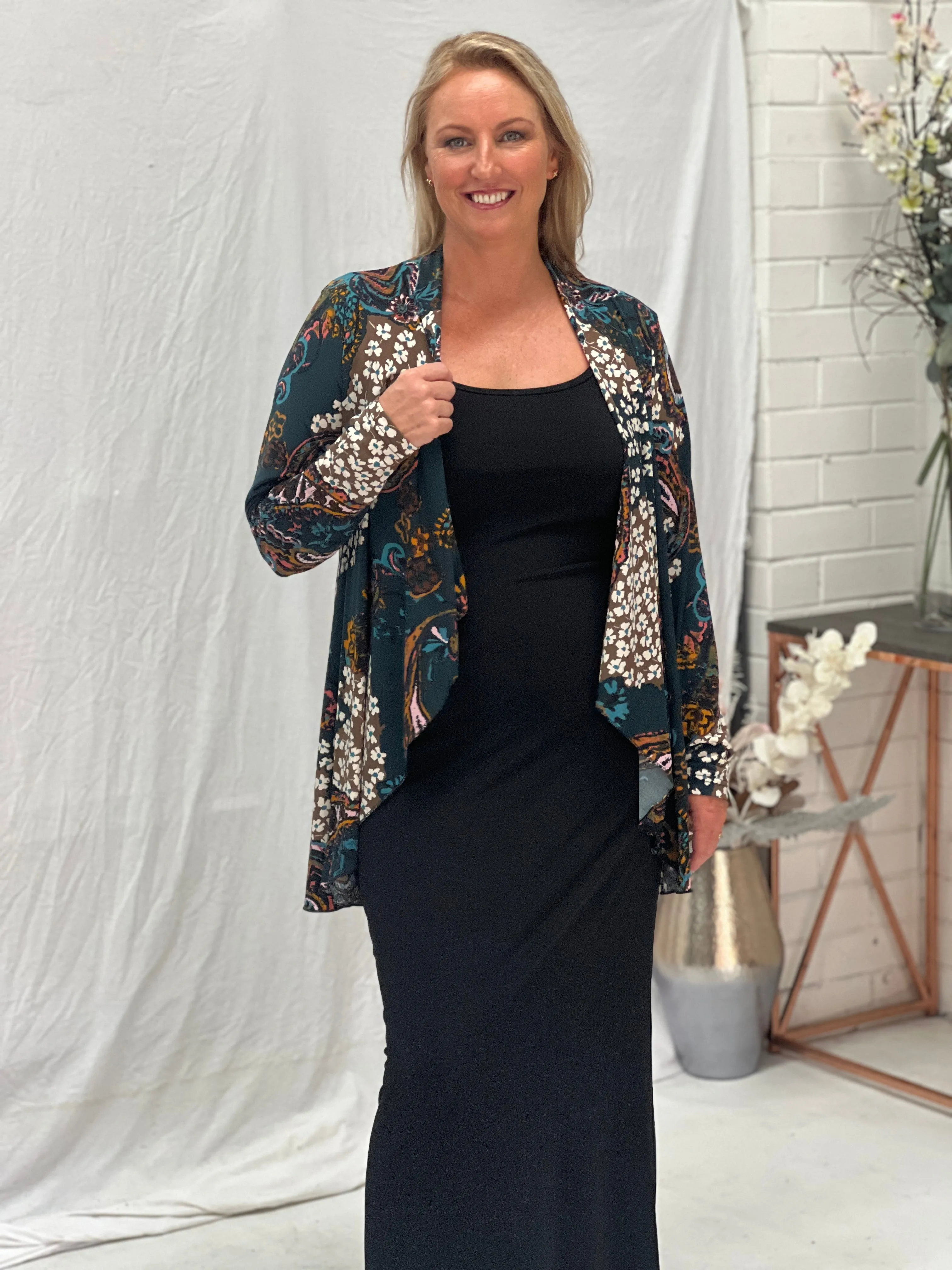 Oberon Dark Green Floral Jersey Cardigan
