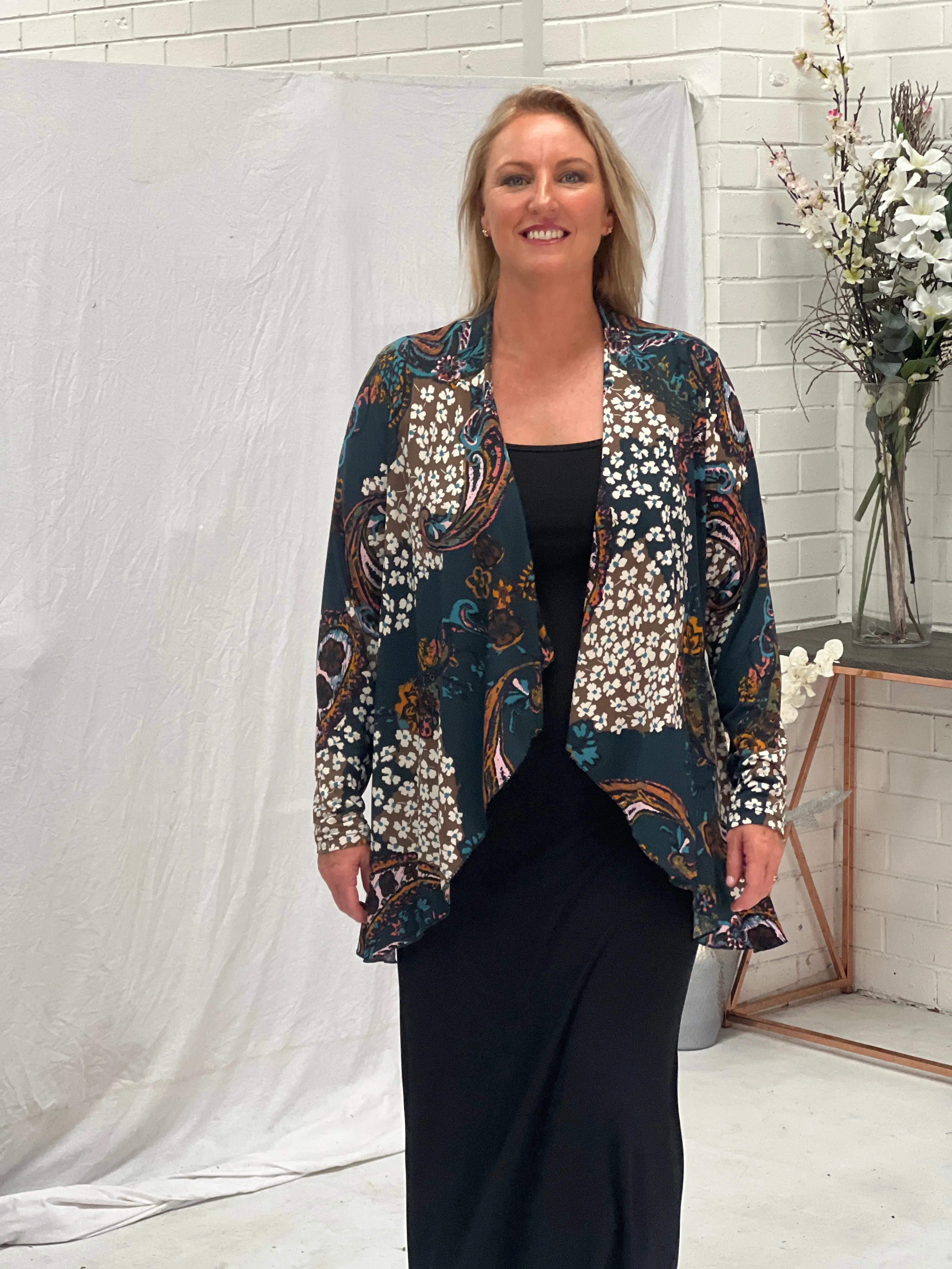 Oberon Dark Green Floral Jersey Cardigan