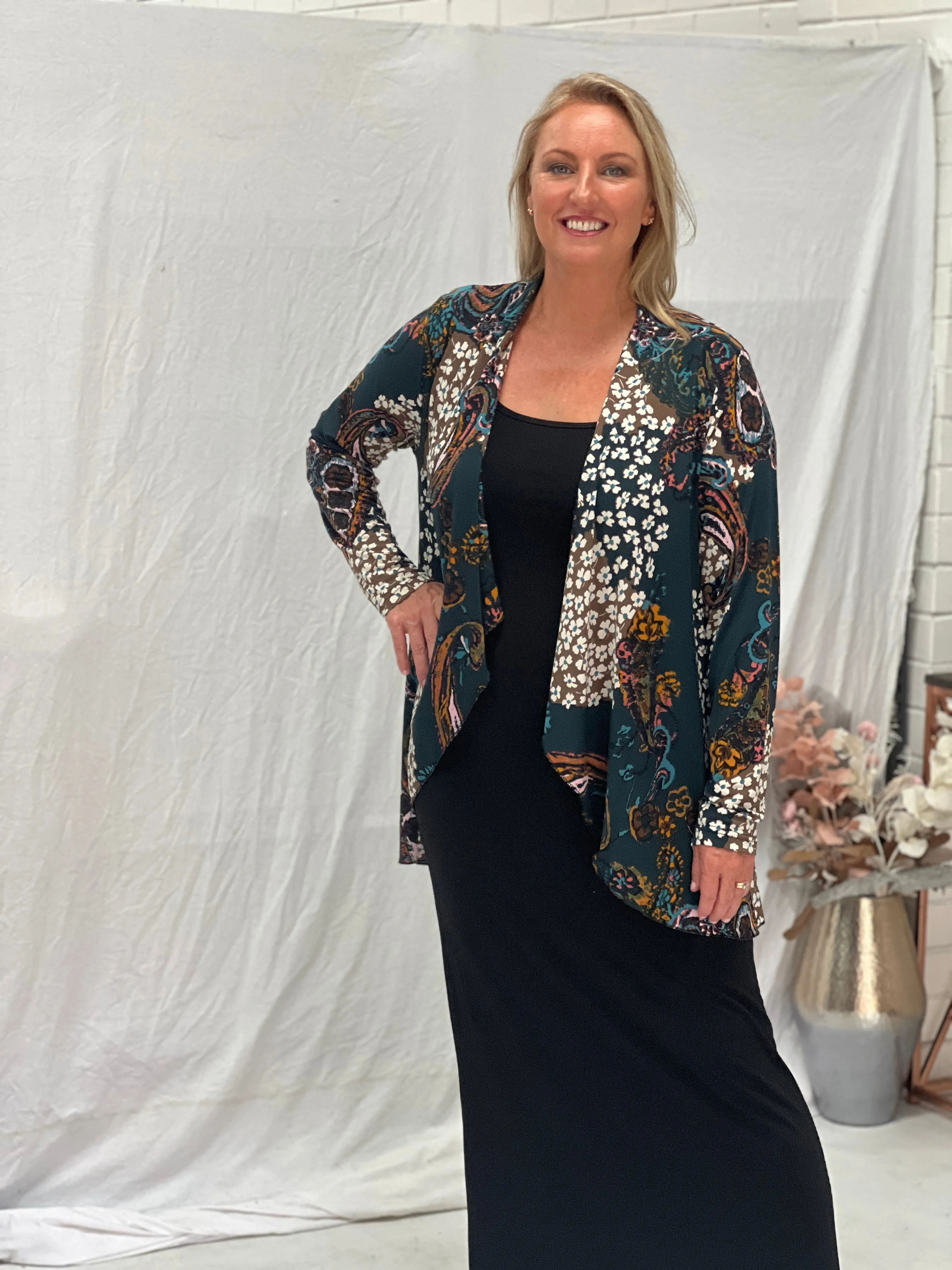 Oberon Dark Green Floral Jersey Cardigan