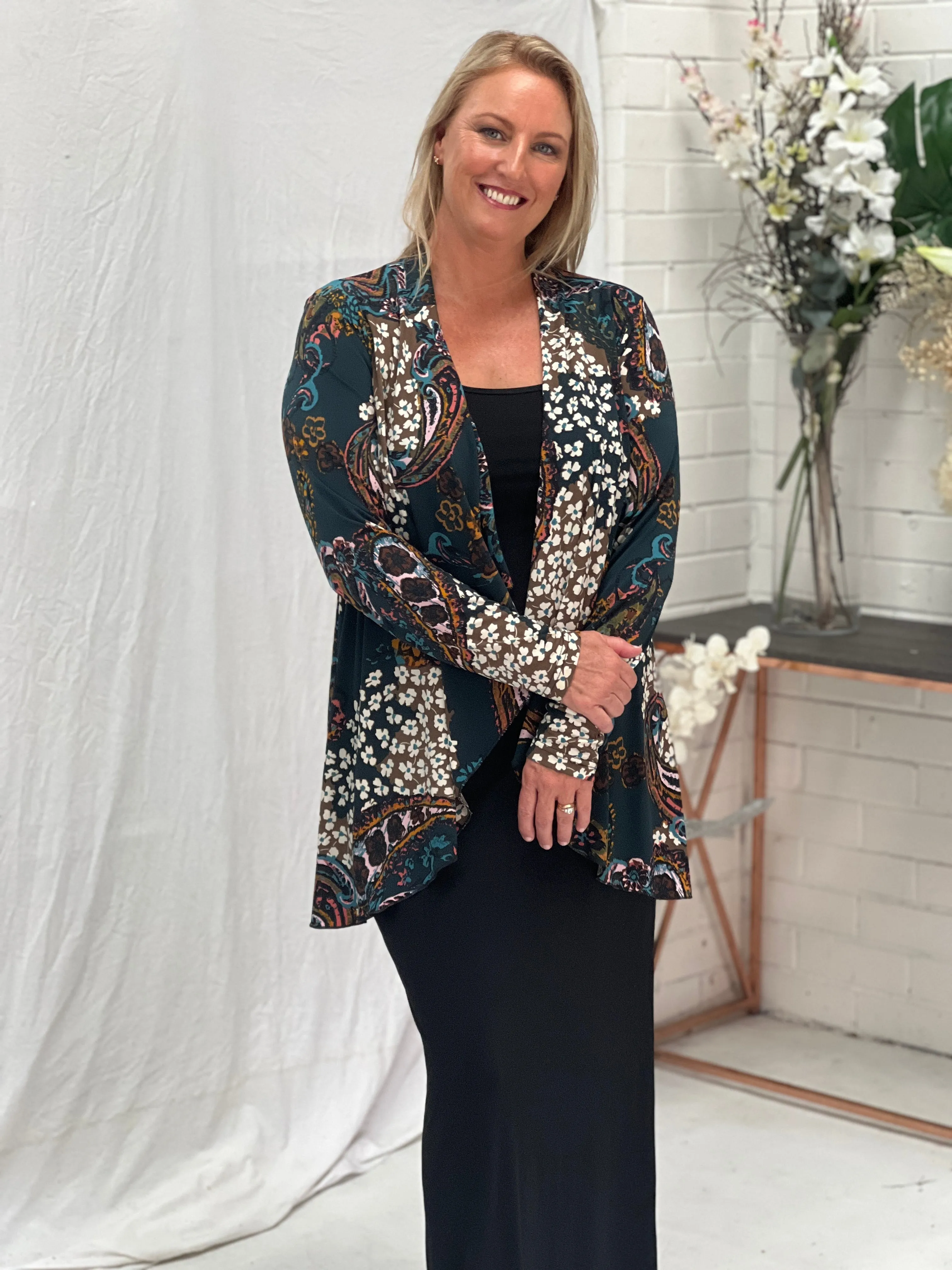 Oberon Dark Green Floral Jersey Cardigan