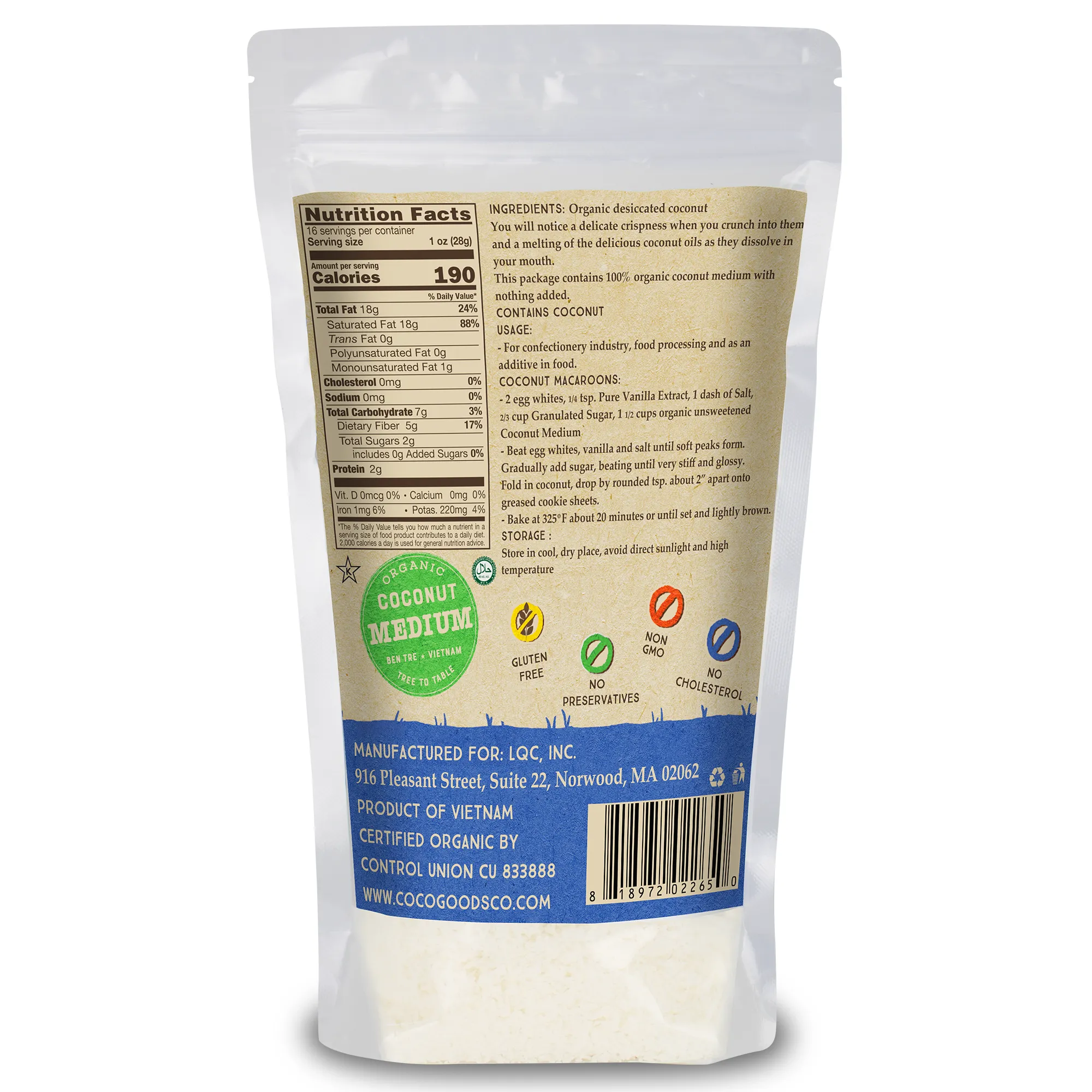Organic Unsweetened Desiccated Coconut, Medium Grade 16 oz, 2 Pack