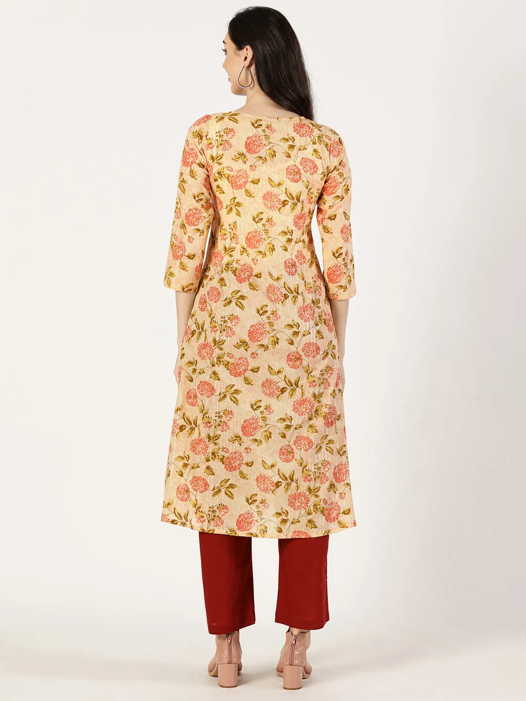 Peach Floral Print Kurta with Yoke Embroidery