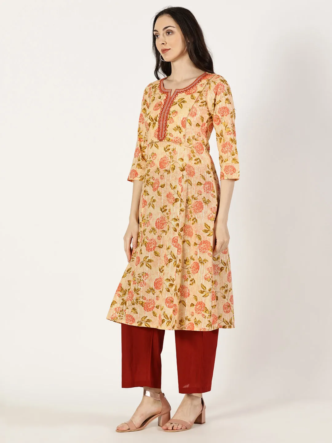 Peach Floral Print Kurta with Yoke Embroidery