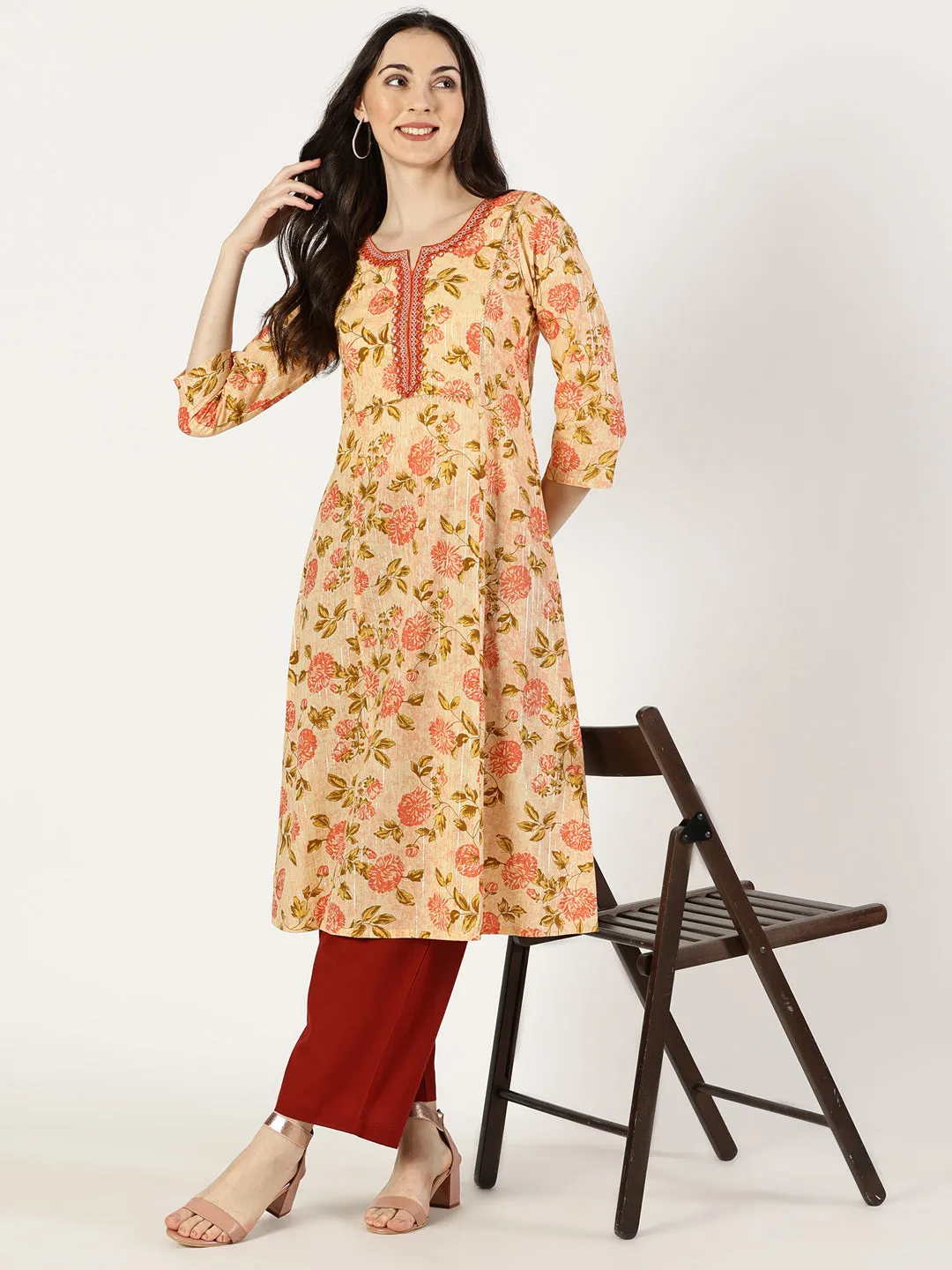 Peach Floral Print Kurta with Yoke Embroidery