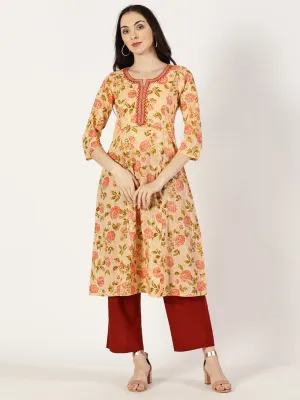 Peach Floral Print Kurta with Yoke Embroidery