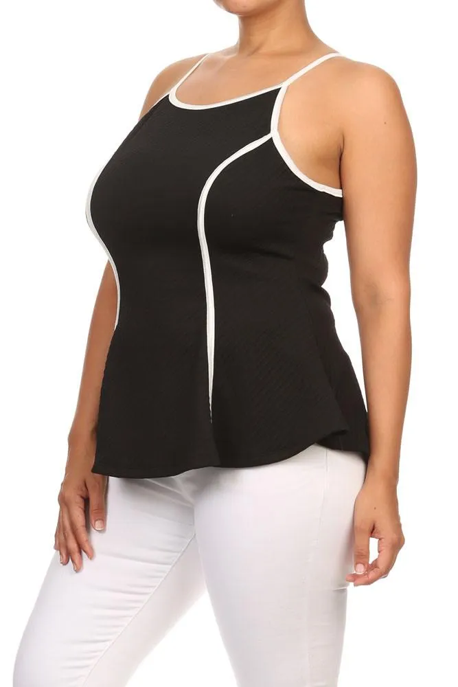 Plus Size Chic Textured Trimmed Black A-Line Top