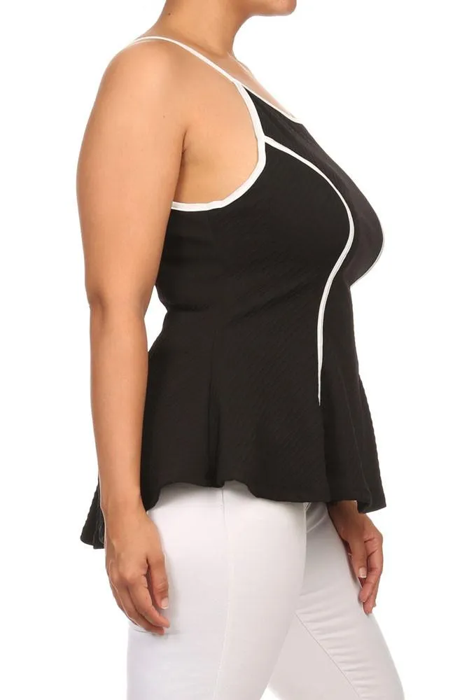 Plus Size Chic Textured Trimmed Black A-Line Top