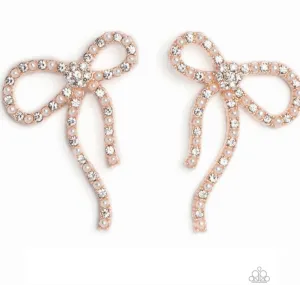 "Deluxe Duet" Rose Gold Metal Pearl & Rhinestone BOW Post Earrings
