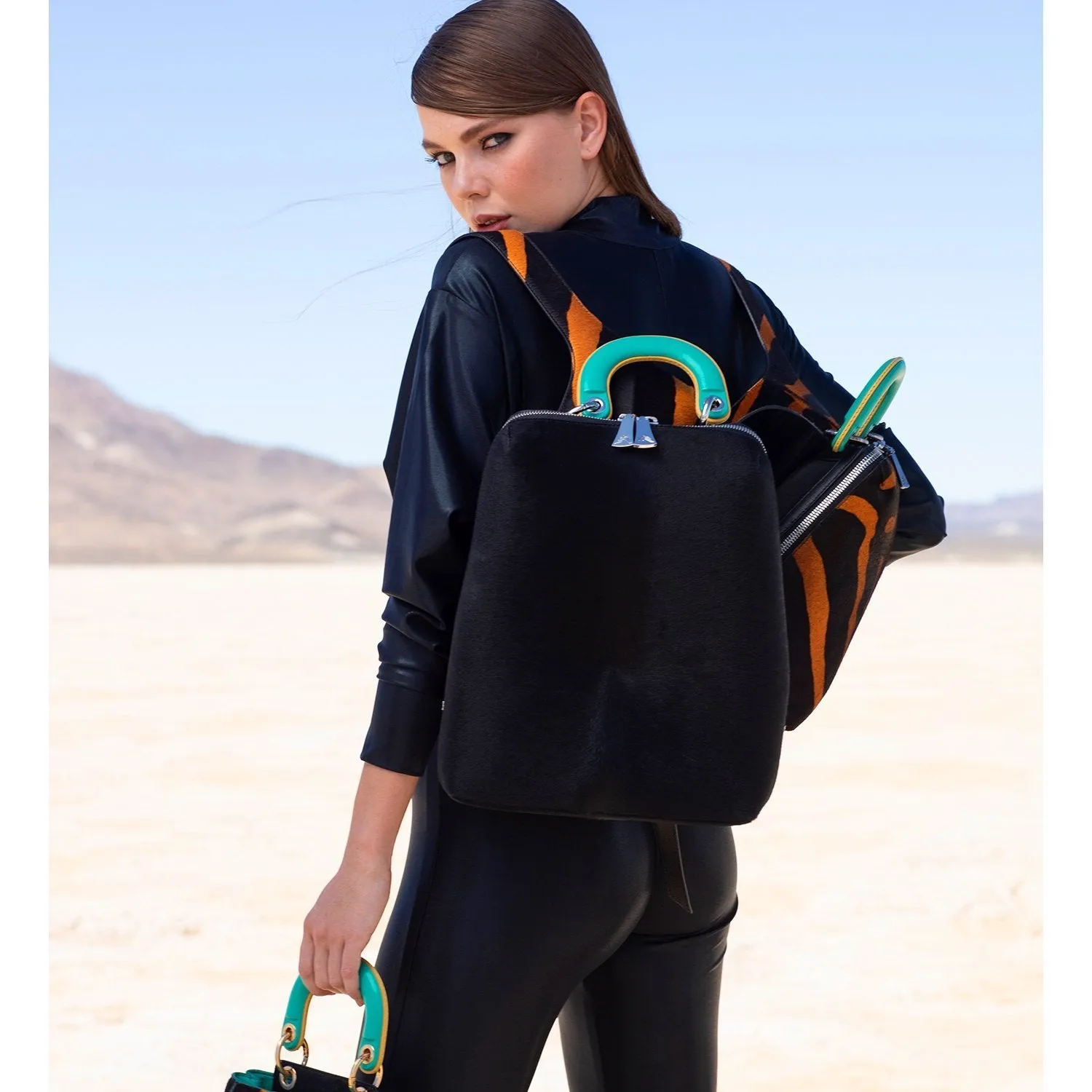 Racer Haircalf: Women's Designer Backpack in Black Leather