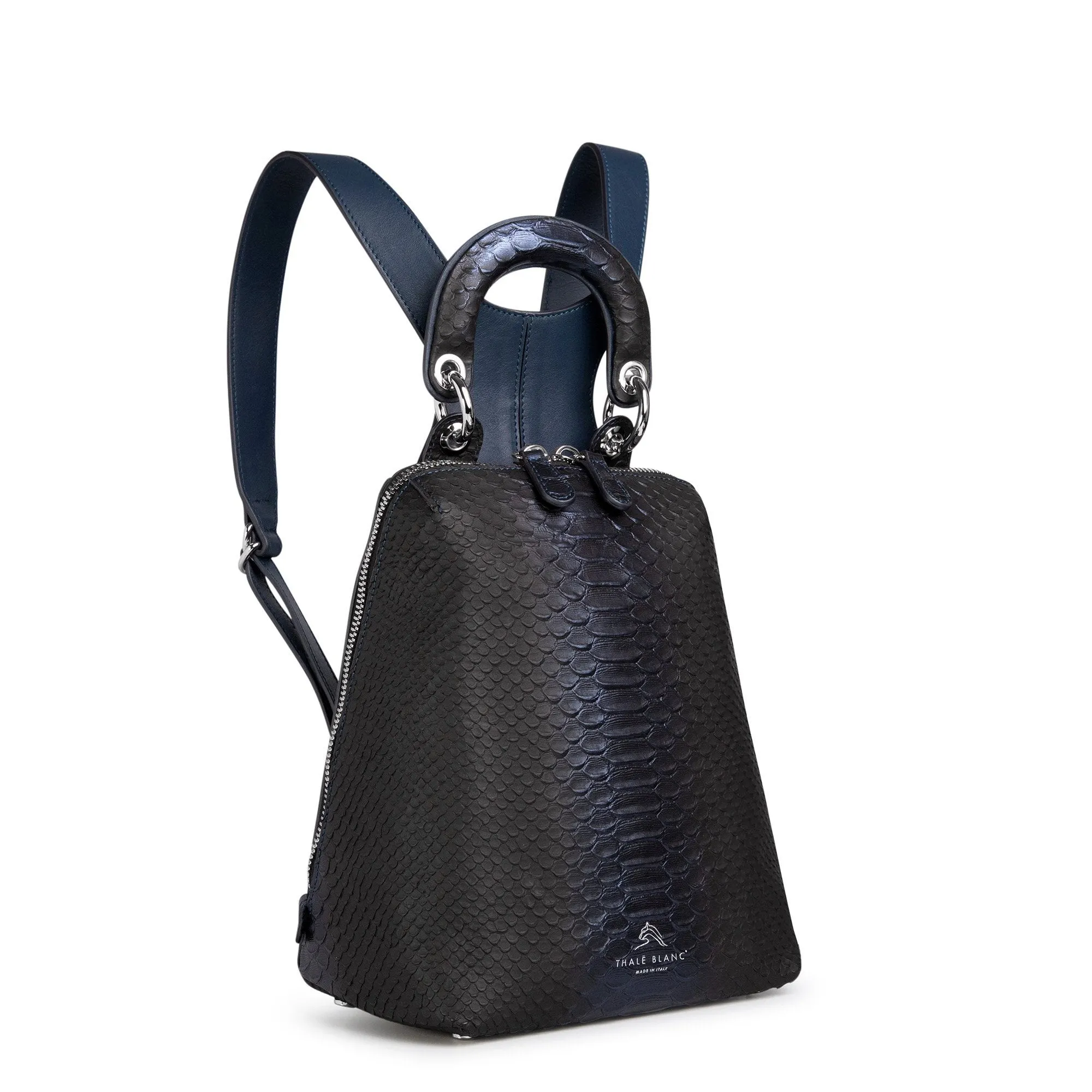 Racer Snake Mini: Women's Designer Backpack in Midnight Blue Leather
