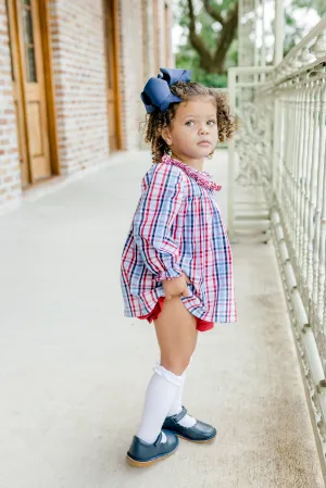 Red and Navy Plaid Simple Smocked Bubble short set