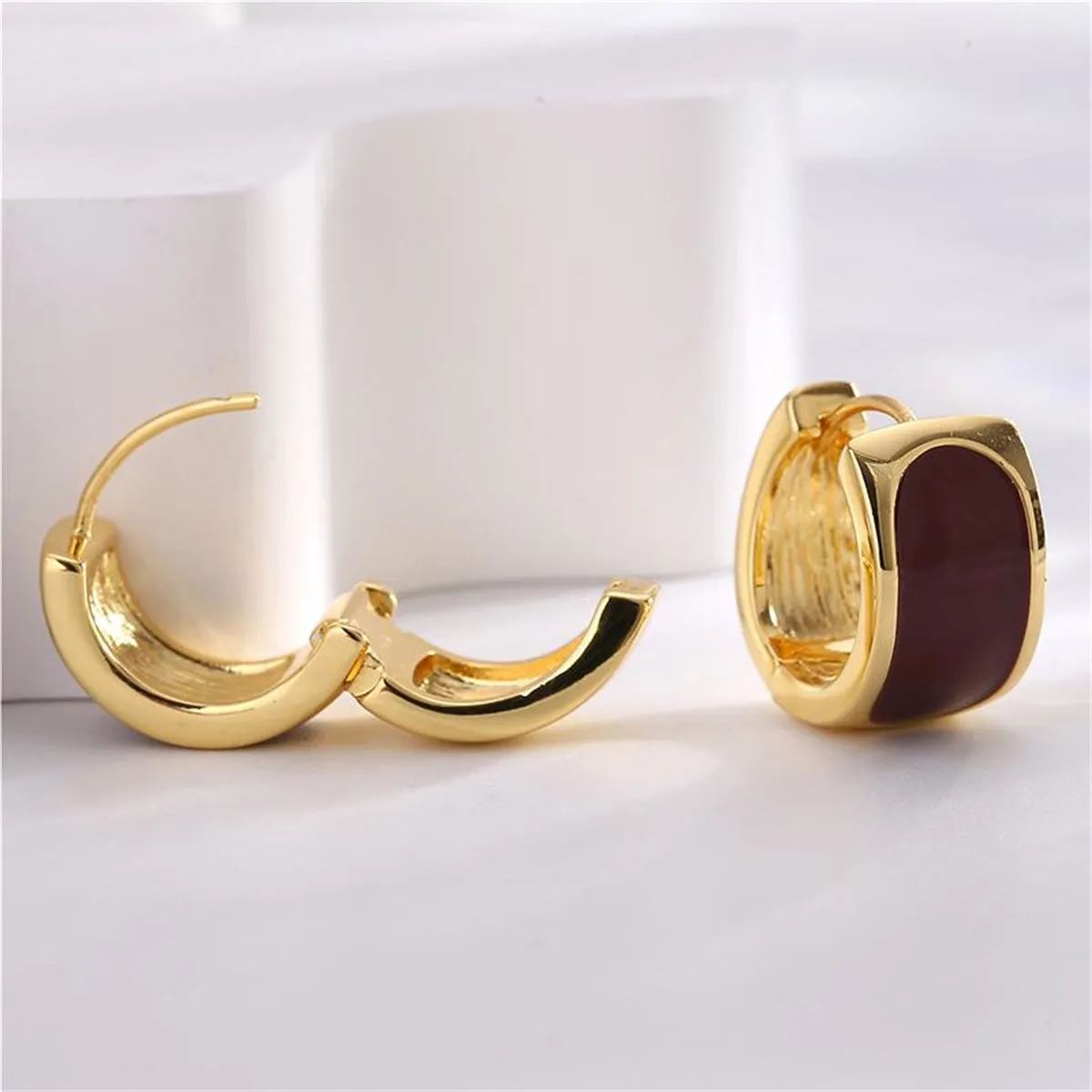 Red Enamel & 18K Gold-Plated Huggie Earrings