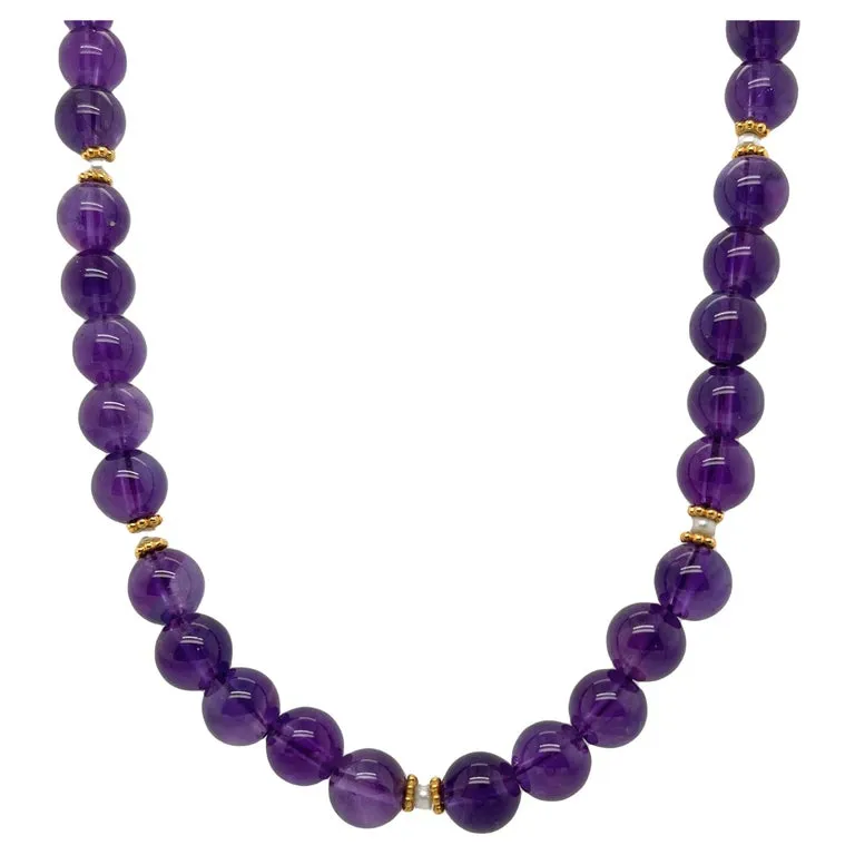 Round Amethyst Beaded Necklace 18k/14k Yellow Gold, Seed Pearls