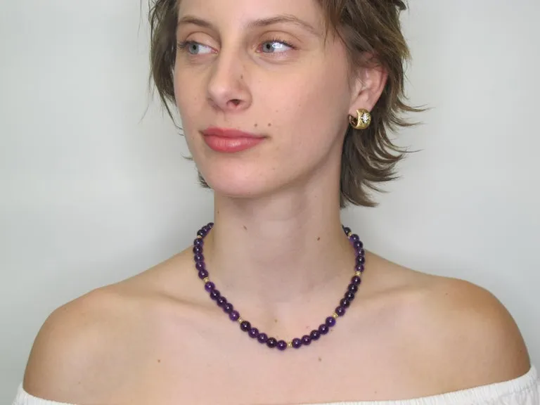 Round Amethyst Beaded Necklace 18k/14k Yellow Gold, Seed Pearls