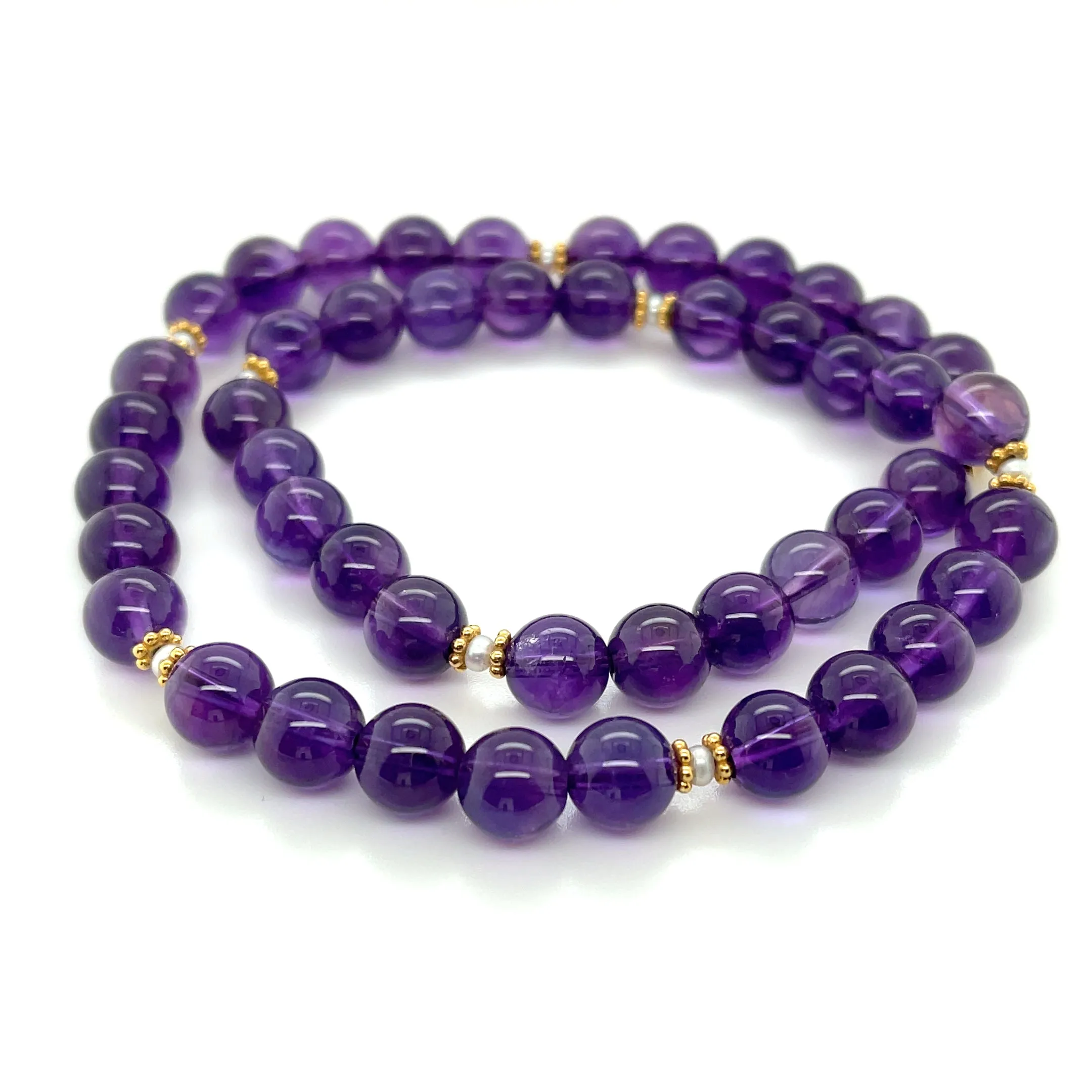 Round Amethyst Beaded Necklace 18k/14k Yellow Gold, Seed Pearls