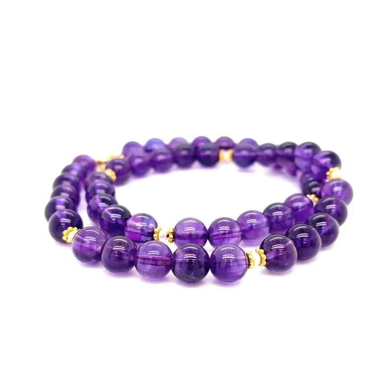 Round Amethyst Beaded Necklace 18k/14k Yellow Gold, Seed Pearls