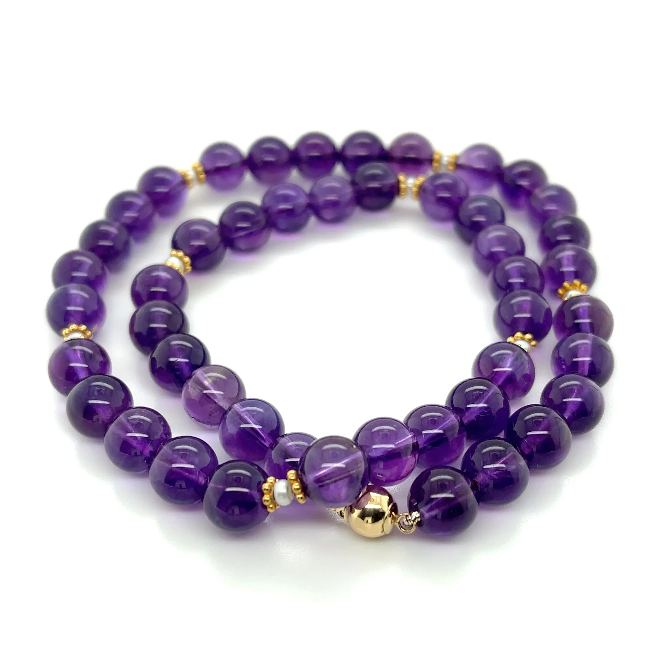 Round Amethyst Beaded Necklace 18k/14k Yellow Gold, Seed Pearls