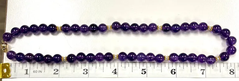 Round Amethyst Beaded Necklace 18k/14k Yellow Gold, Seed Pearls