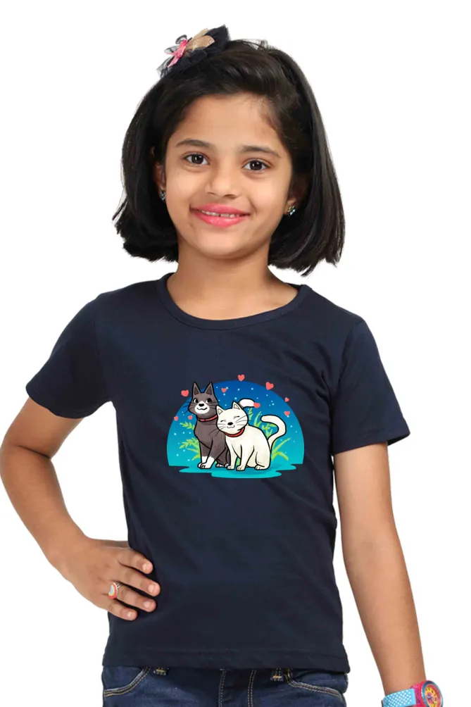 Round Neck T-Shirt (Girls) - Pawsitively Adorable Cats (6 Colours)