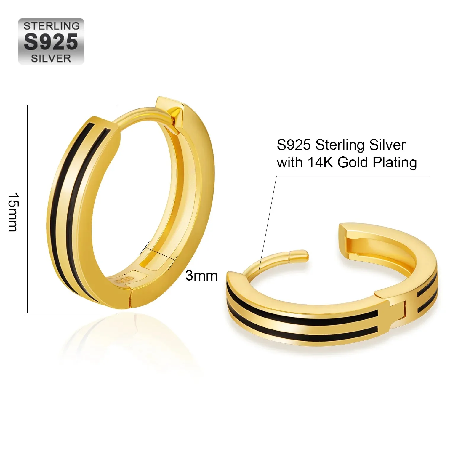 S925 Silver Black Stripe Hoop Earrings in 14K Gold - 15mm