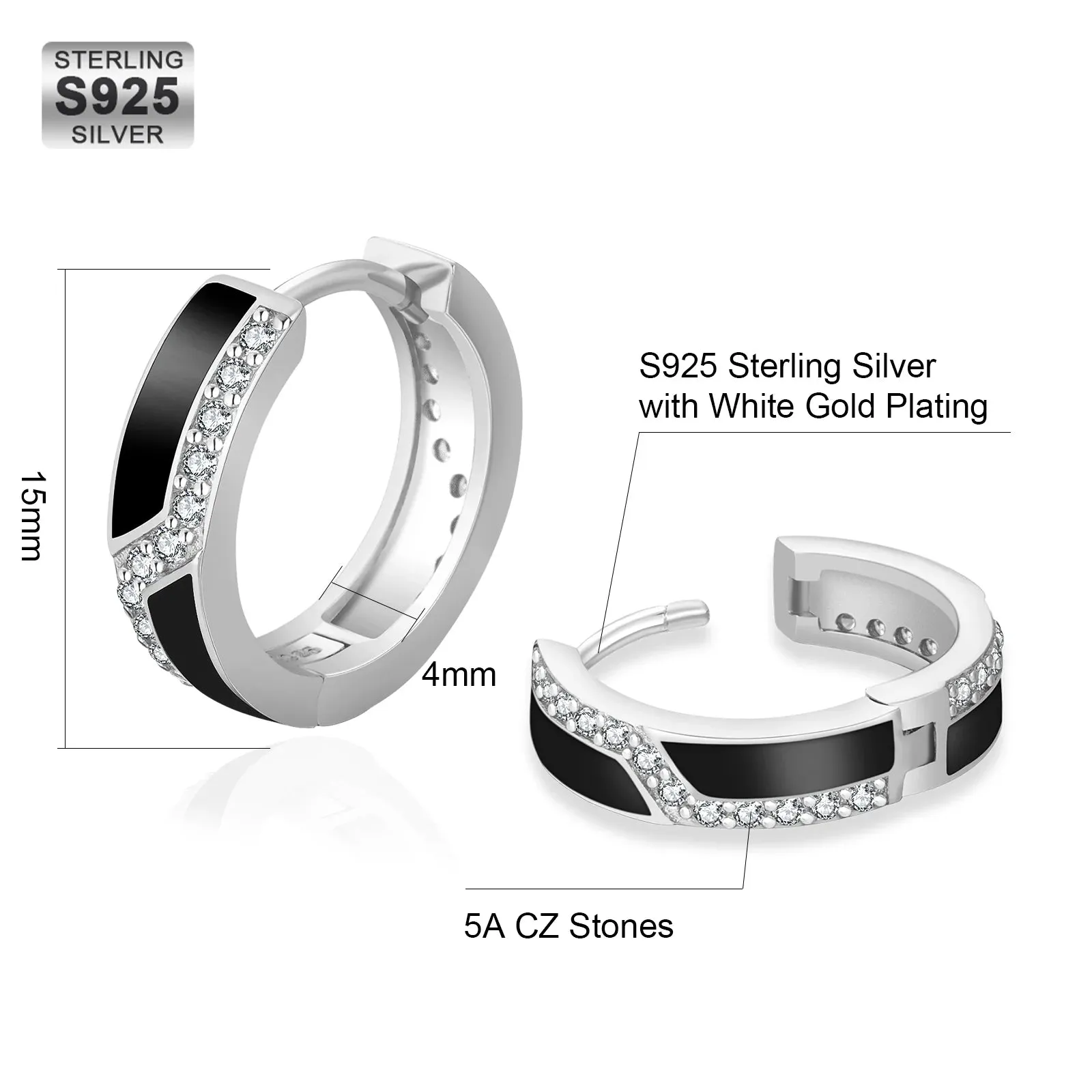 S925 Silver Iced Black Hoop Earrings in White Gold - 15mm