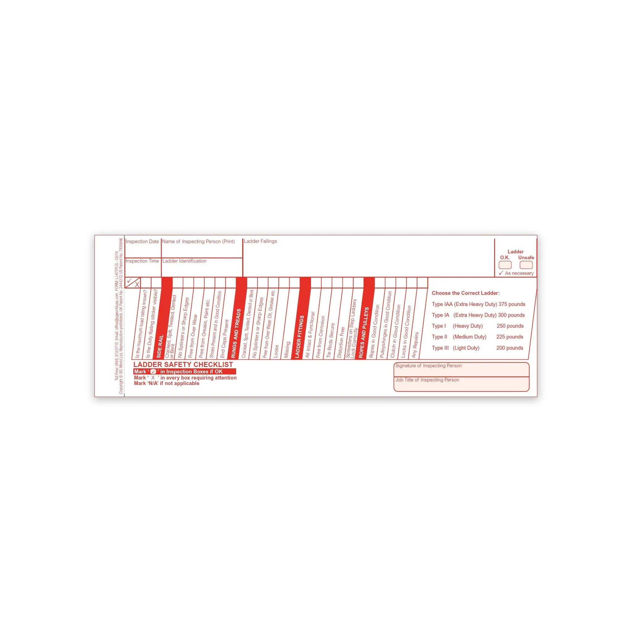 SG World Ladder Inspection Checklist (booklets)