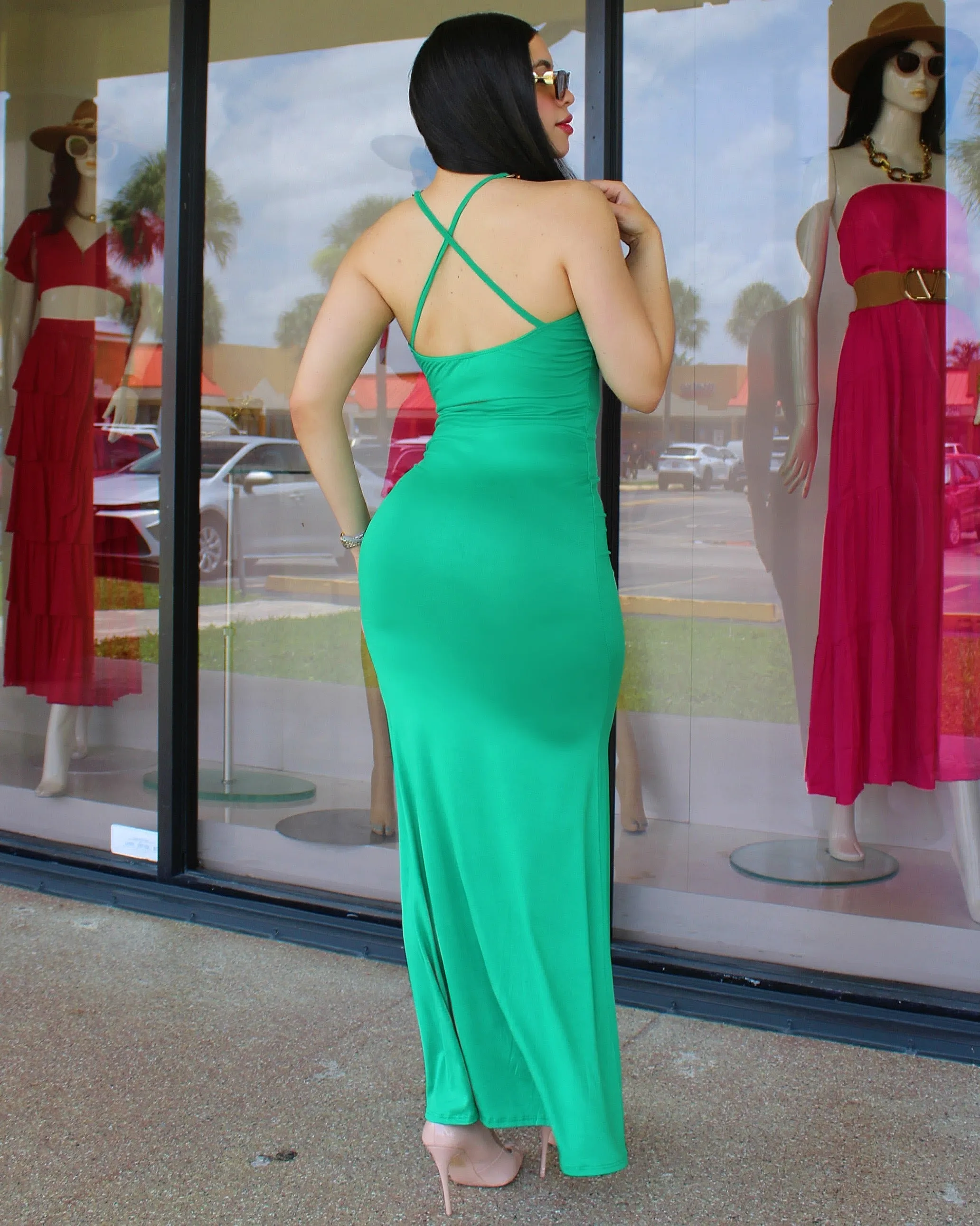 Simple Art Gold Chain Maxi Dress Green