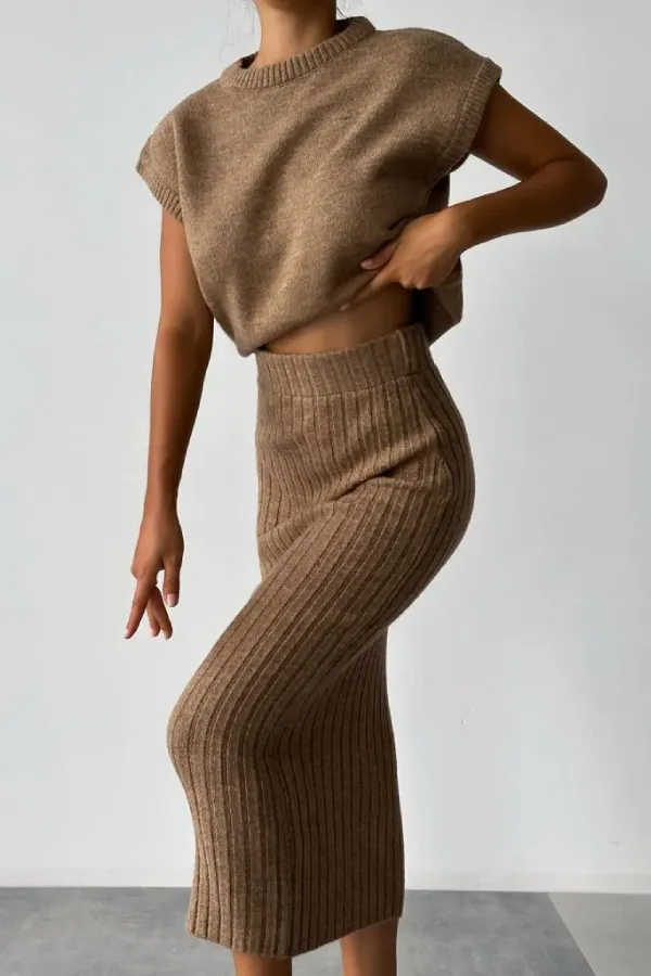 Sleeveless Vest   Knitted Skirt Two-piece Set