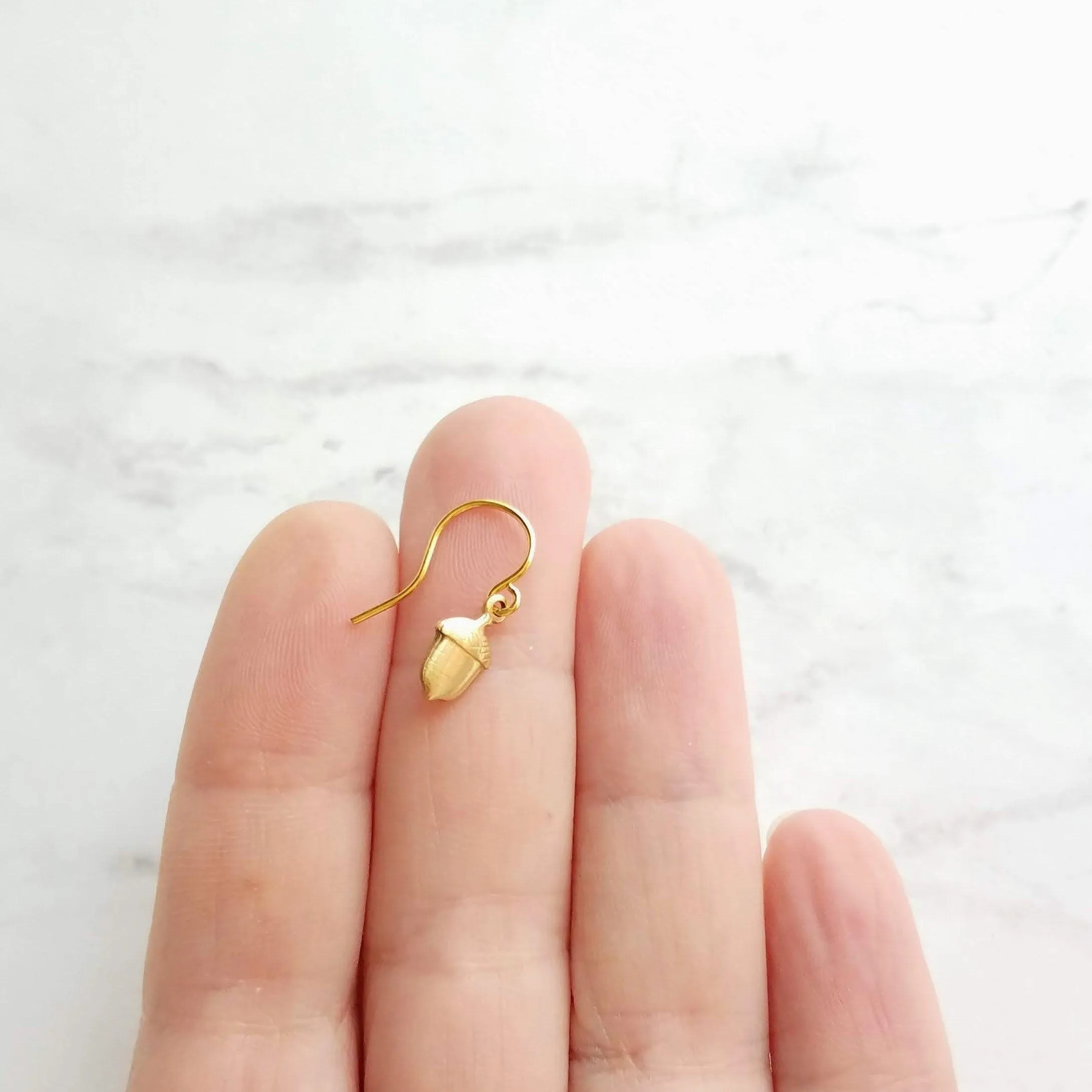 Small Acorn Earrings, gold acorn earring, small gold acorn earring, little gold acorn earring, tiny acorn earring, acorn dangle, simple gold