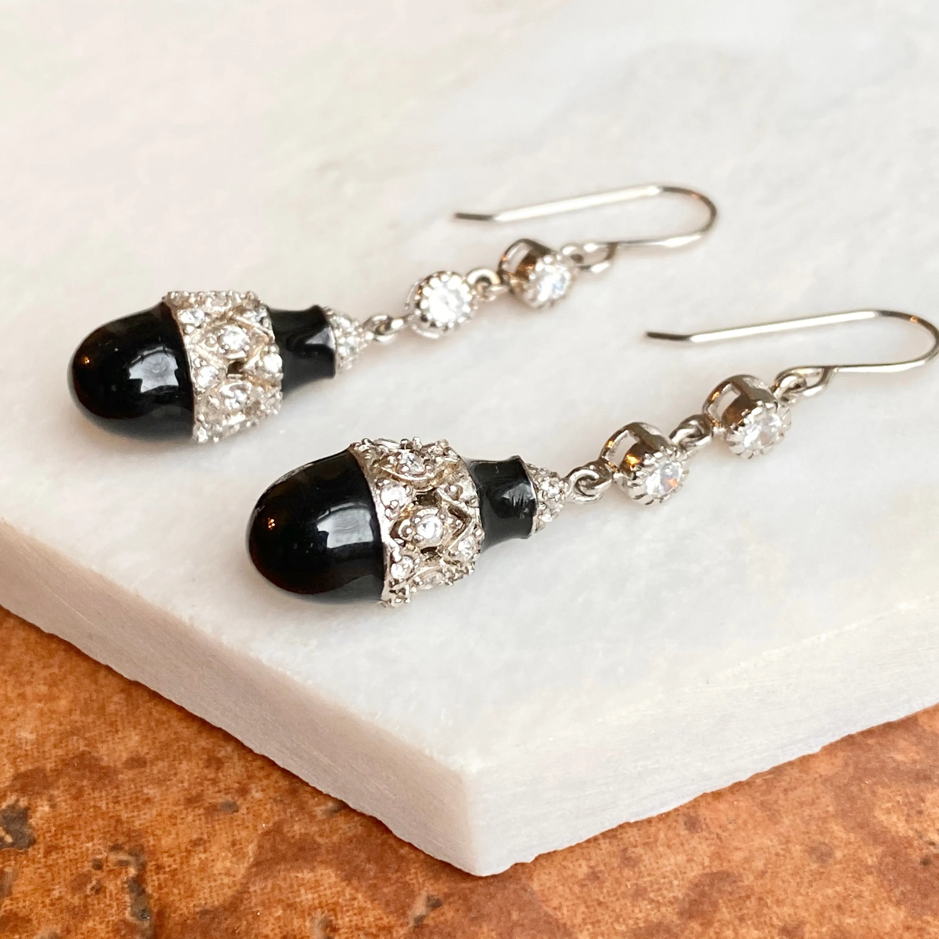 SOLD Sterling Silver CZ   Teardrop Onyx Dangle Earrings