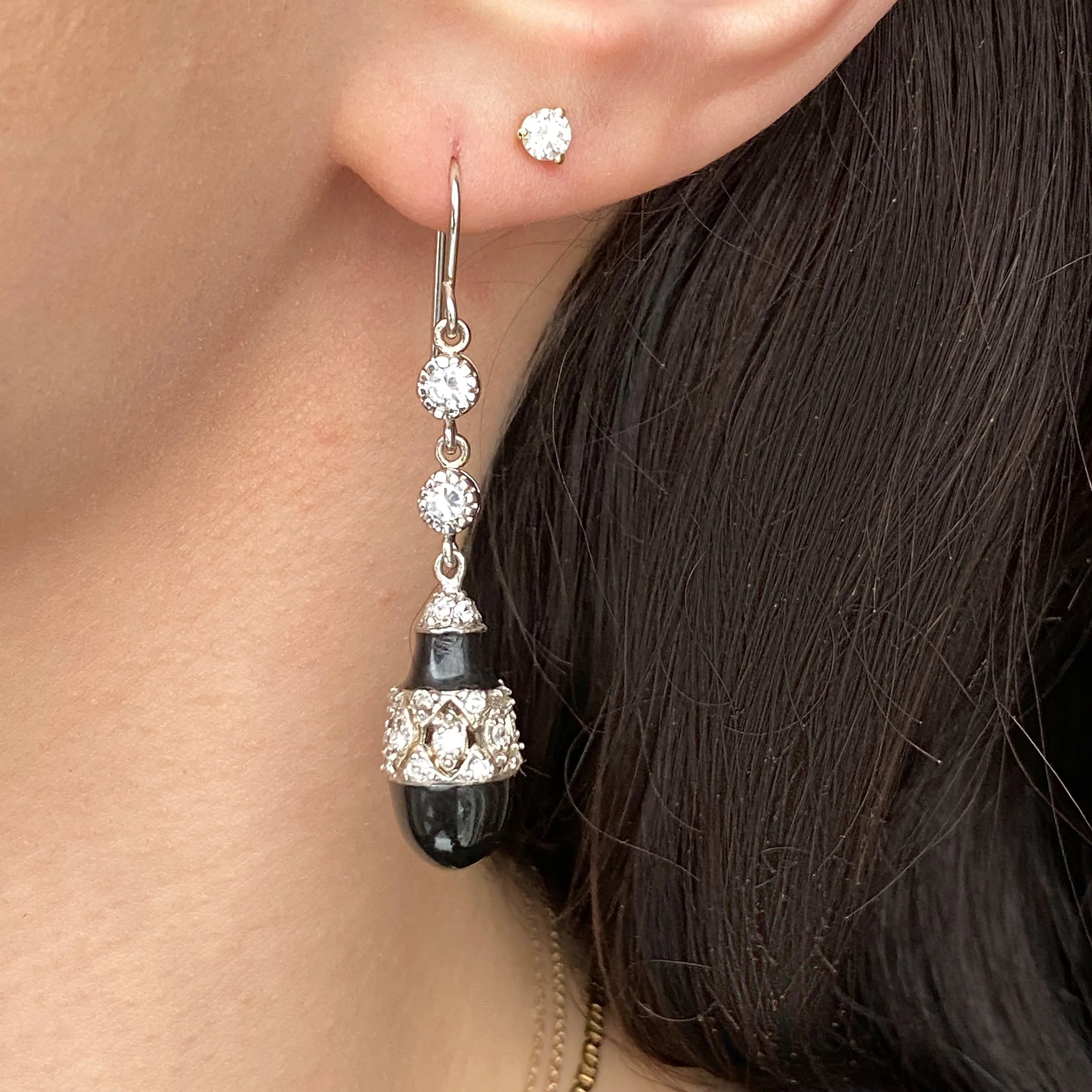 SOLD Sterling Silver CZ   Teardrop Onyx Dangle Earrings