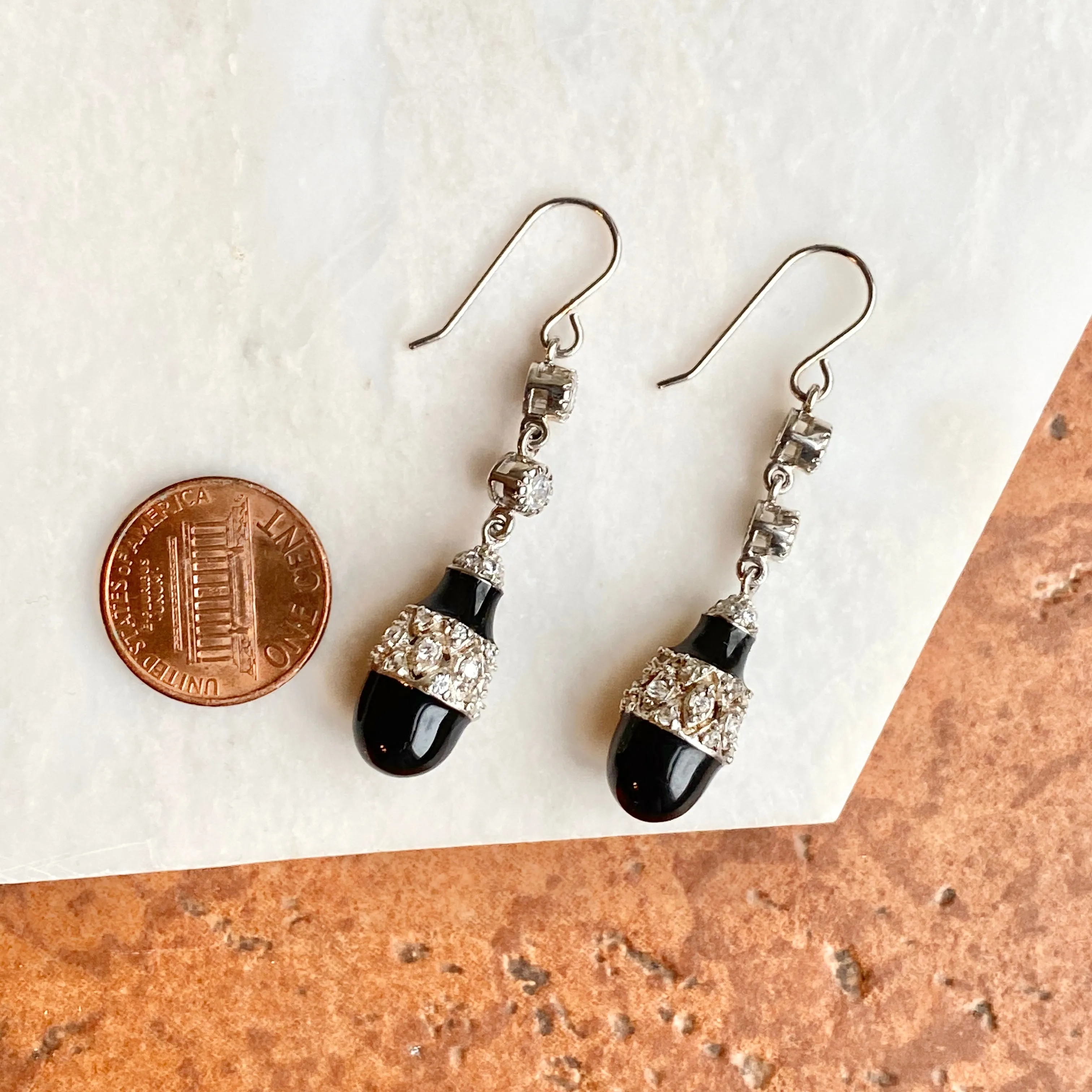 SOLD Sterling Silver CZ   Teardrop Onyx Dangle Earrings