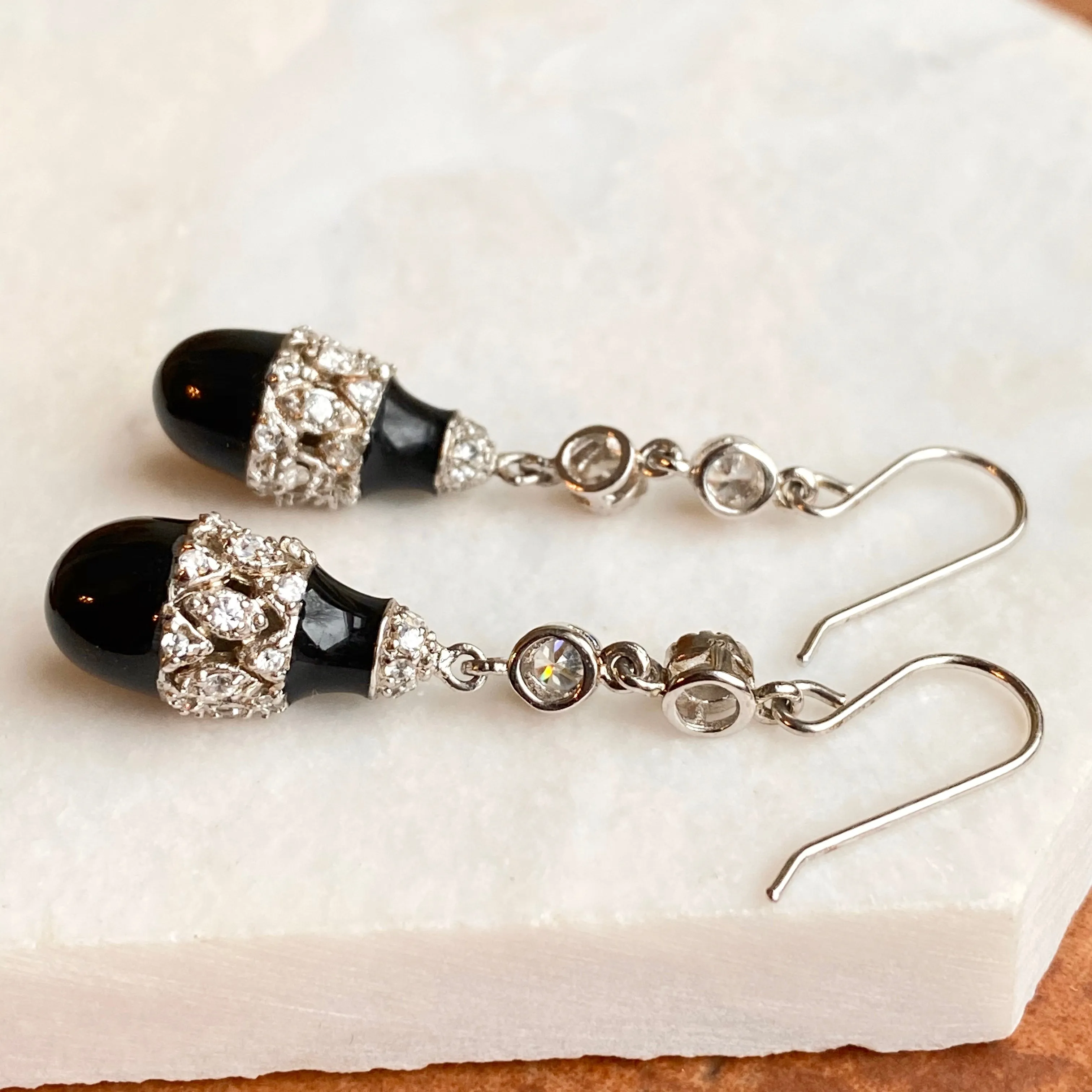 SOLD Sterling Silver CZ   Teardrop Onyx Dangle Earrings