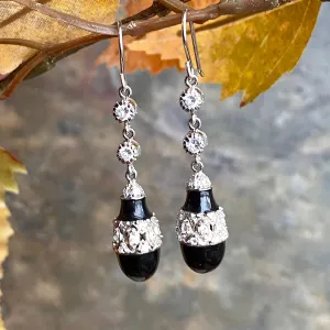 SOLD Sterling Silver CZ   Teardrop Onyx Dangle Earrings
