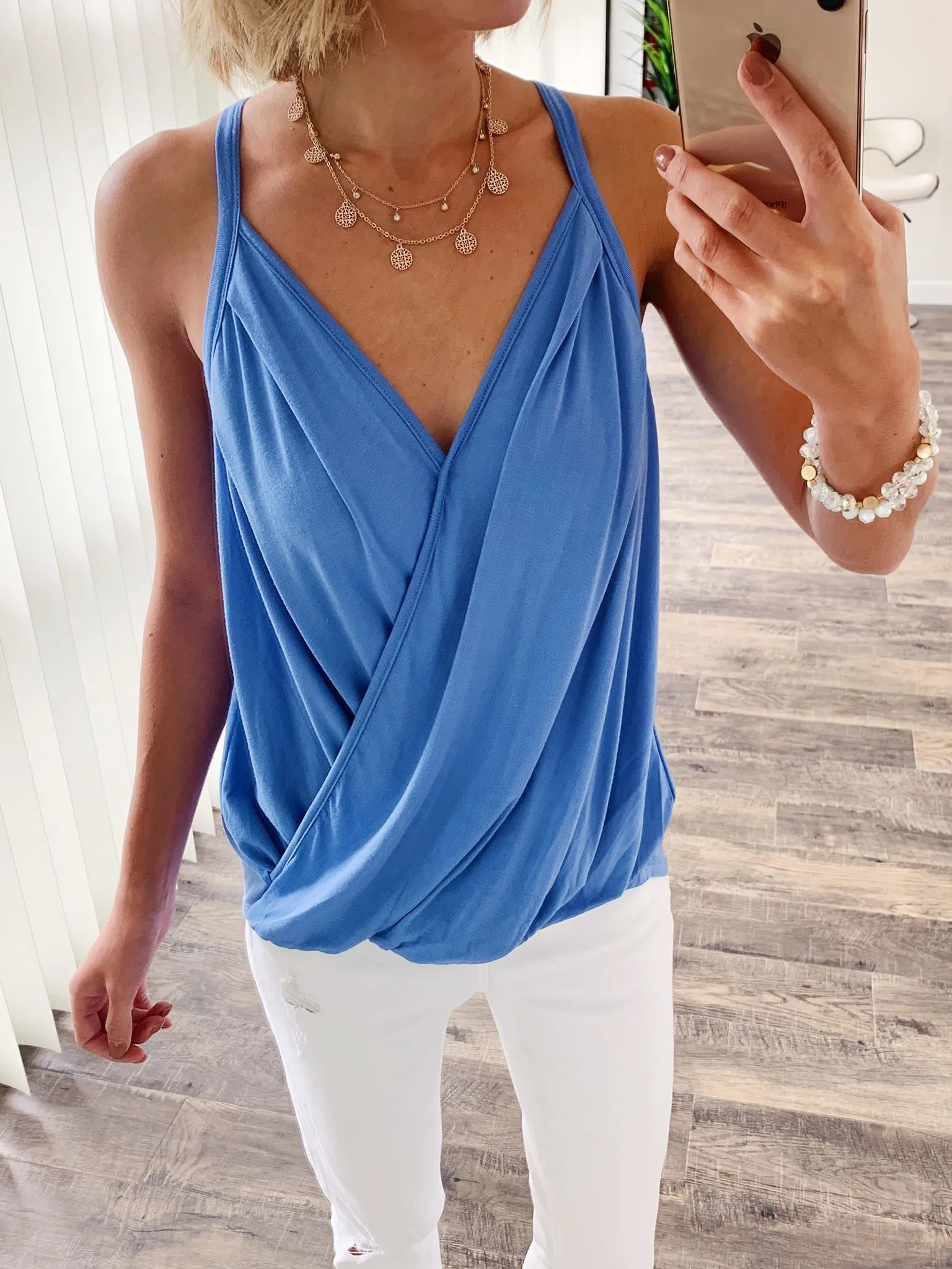 Something Simple Wrap Tank Top- Light Denim