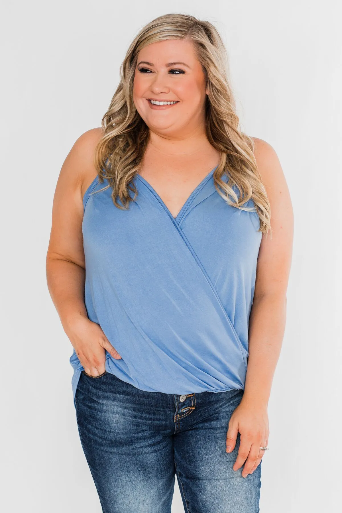 Something Simple Wrap Tank Top- Light Denim