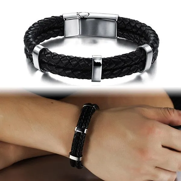 Stainless Steel & Genuine Leather Bracelet for Men, Trendy Wrap Wristband Jewelry, Gift for Your Male Friend & Boyfriend