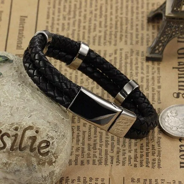 Stainless Steel & Genuine Leather Bracelet for Men, Trendy Wrap Wristband Jewelry, Gift for Your Male Friend & Boyfriend