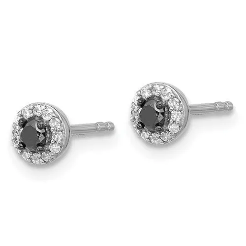 Sterling Silver 5mm Round Black & White Diamond Halo Stud Earrings