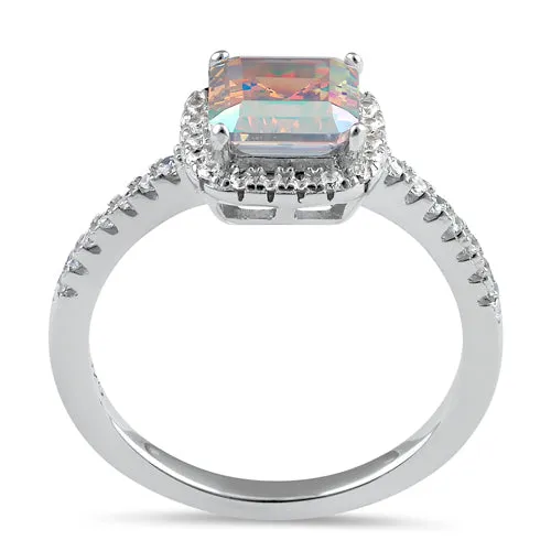 Sterling Silver Chic Square Halo Iridescent Rainbow CZ Ring