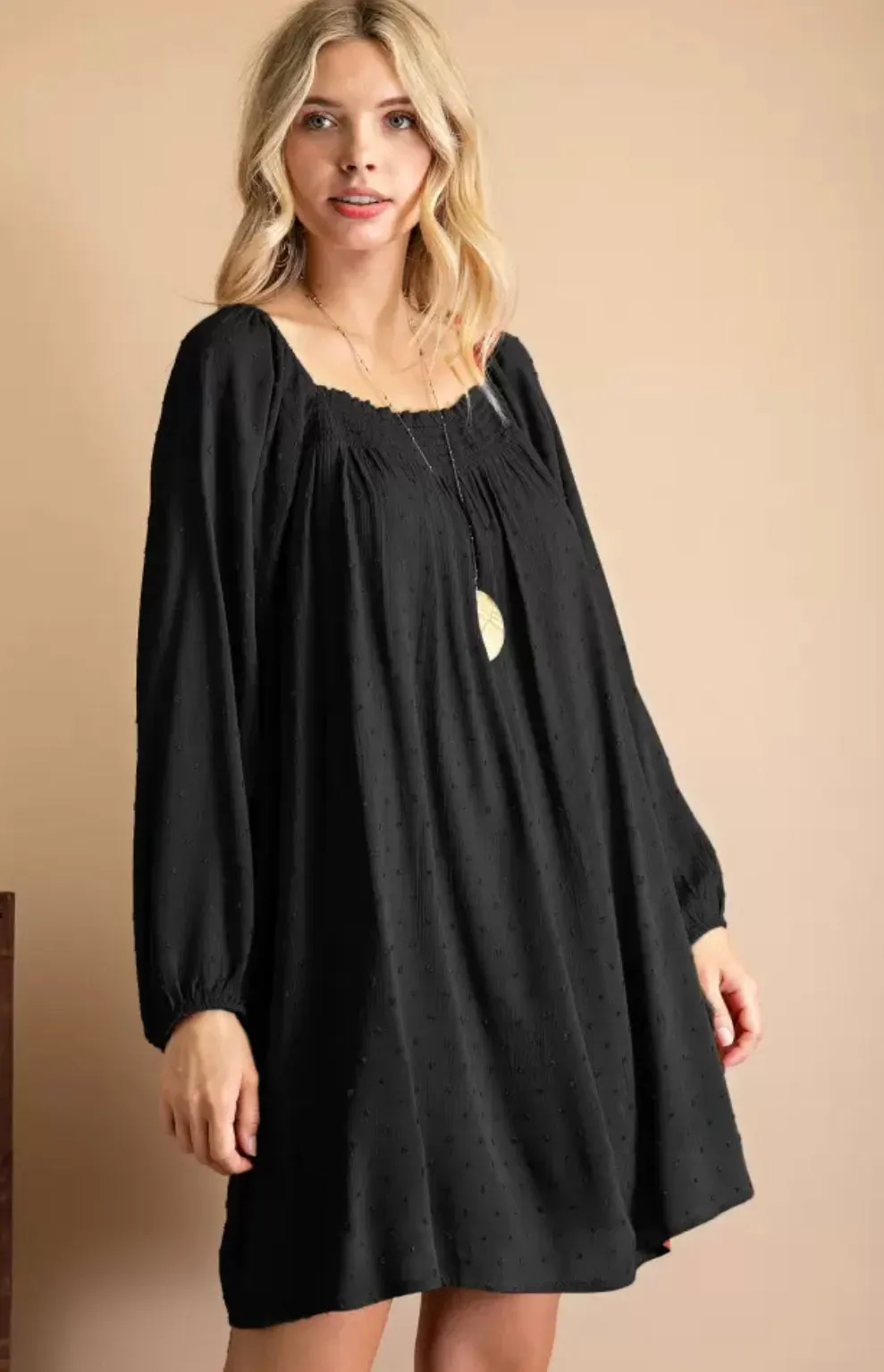 Swiss Dot Smocked Square Neck Dress-2 Colors Available