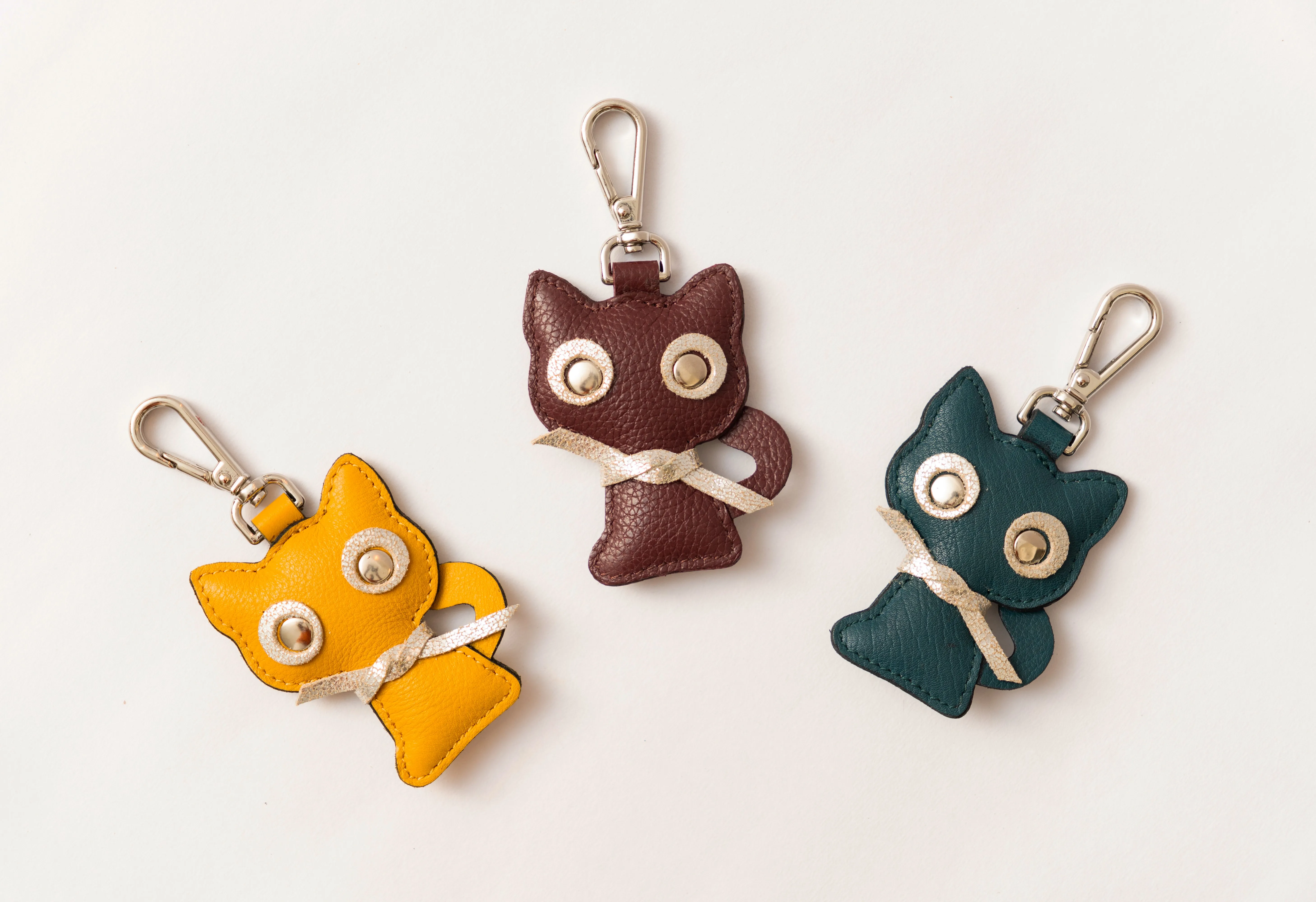 Teal Blue Leather Cat Shape Charm Keyring